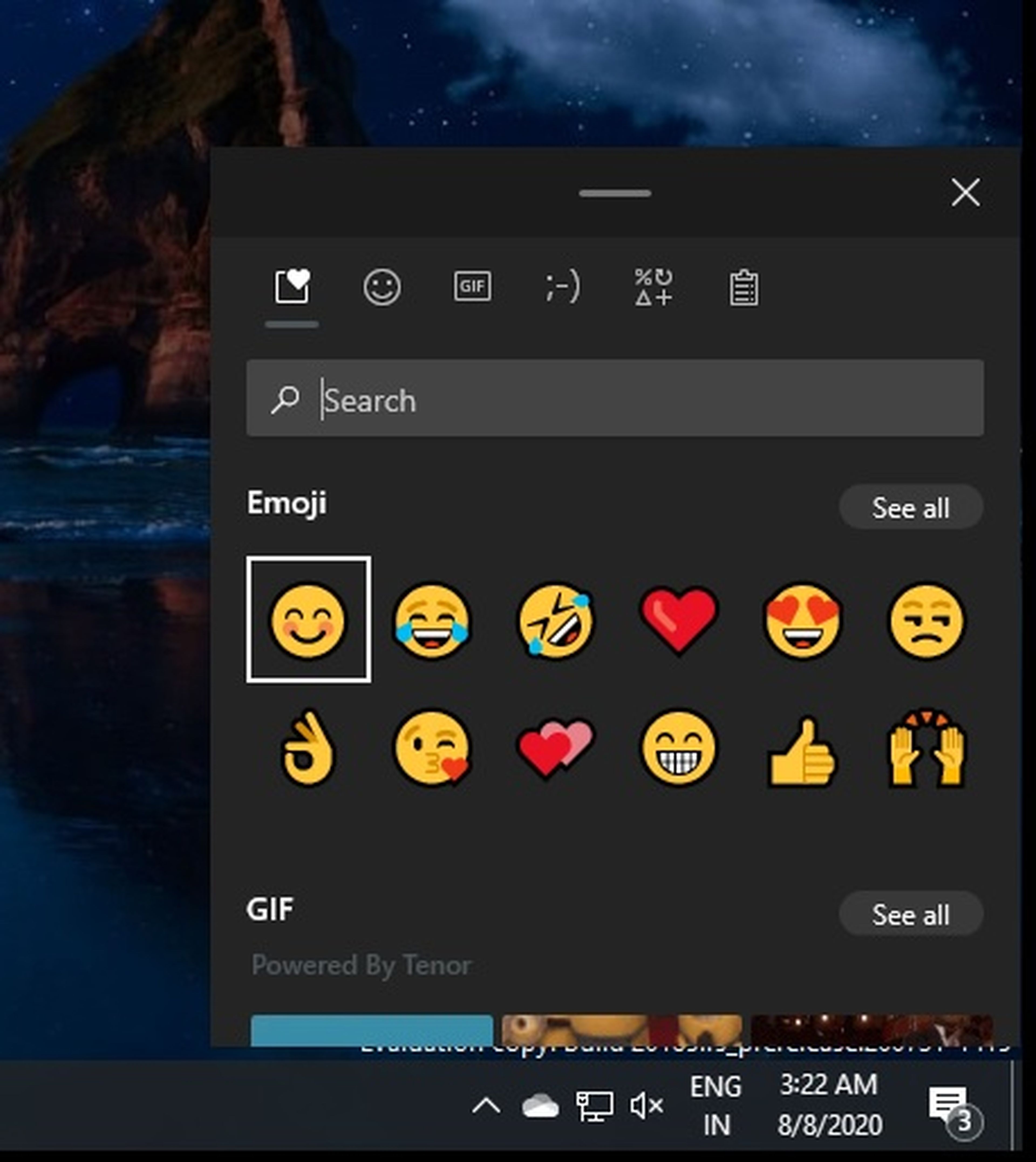 Panel emoji Windows 10