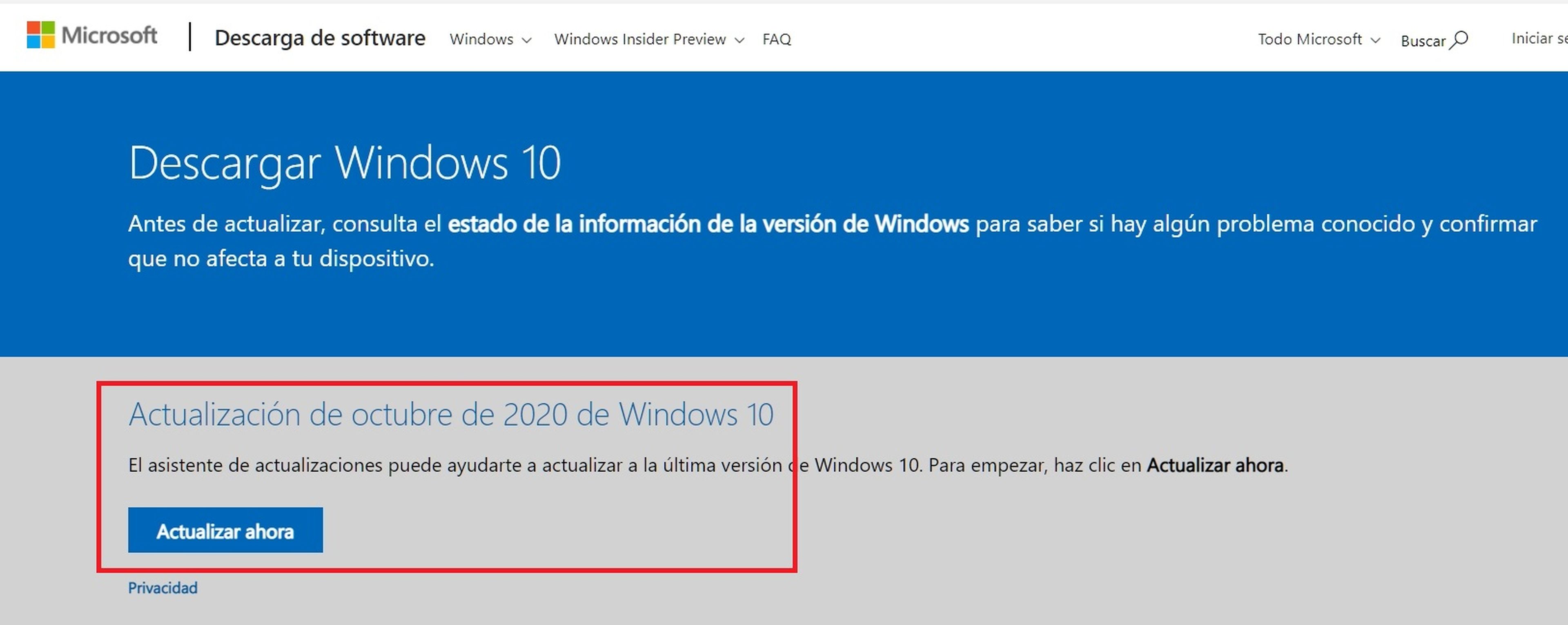 Actualización Windows 10 Octubre 2020