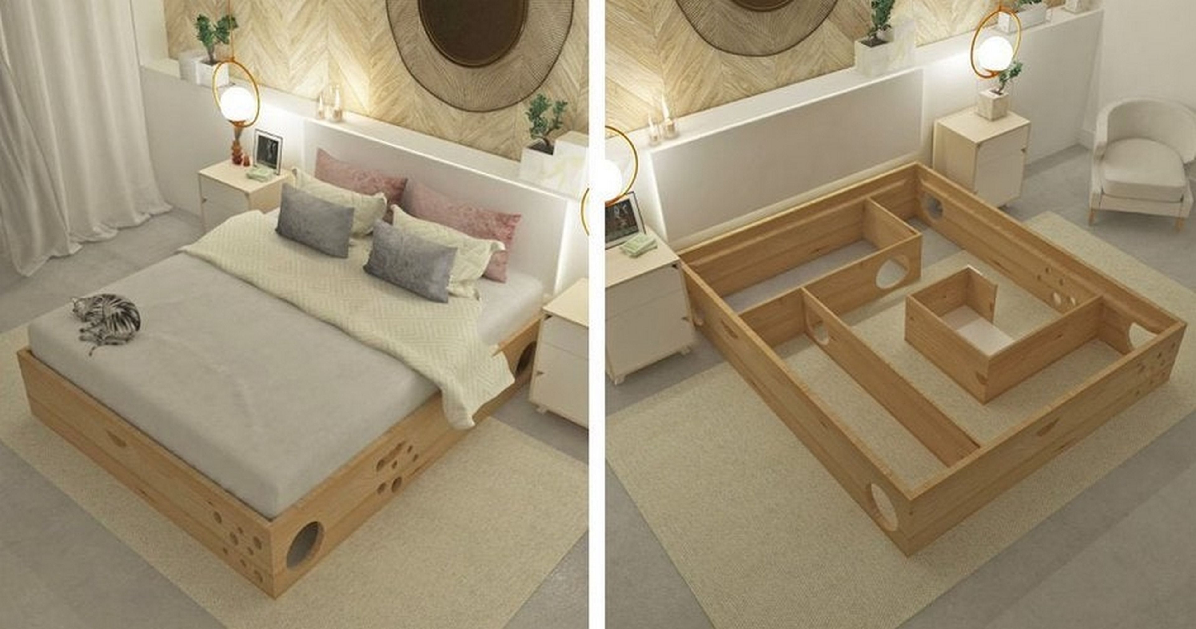 Esta cama con un laberinto para gatos justo debajo ha incendiado las redes: ¿genialidad o pesadilla?