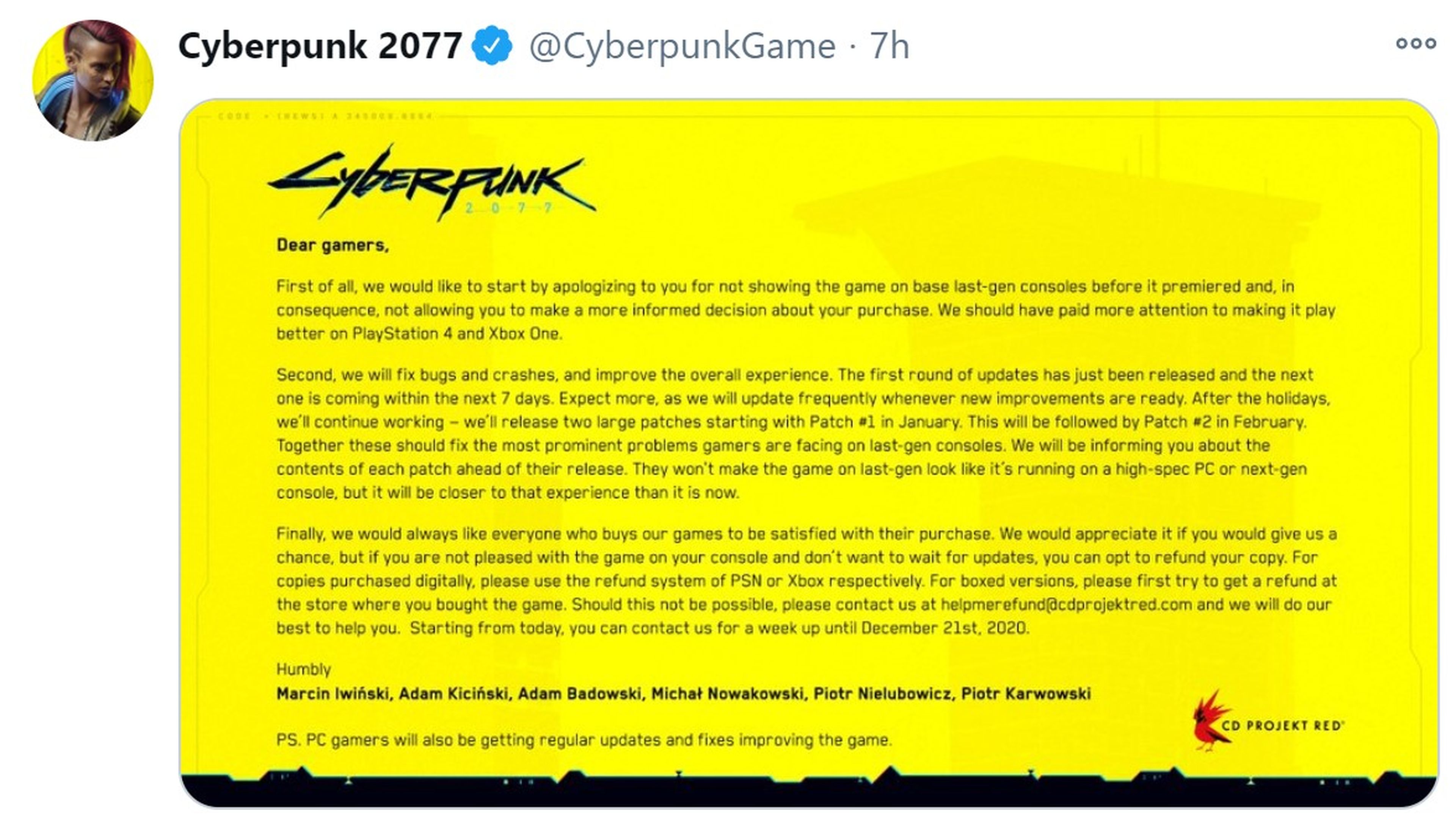 Comunicado de Cyberpunk 2077 en Twitter