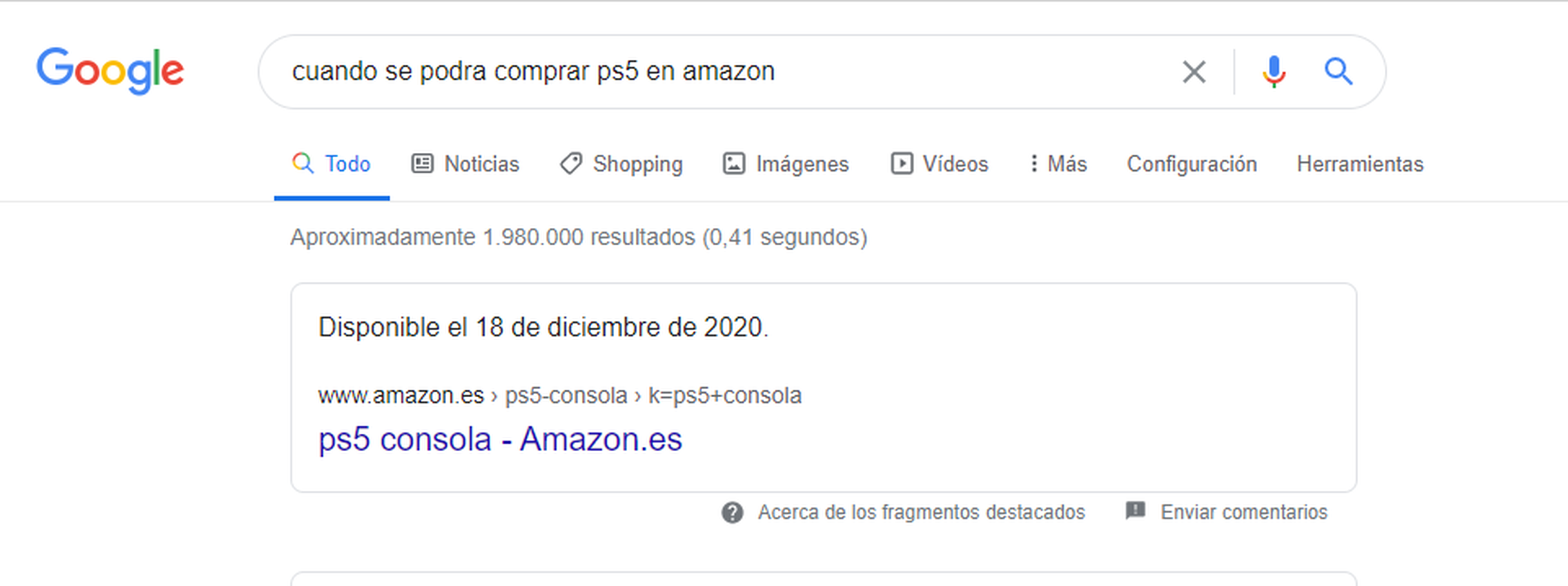 Así mostraba Google la búsqueda concreta de PS5 en Amazon.