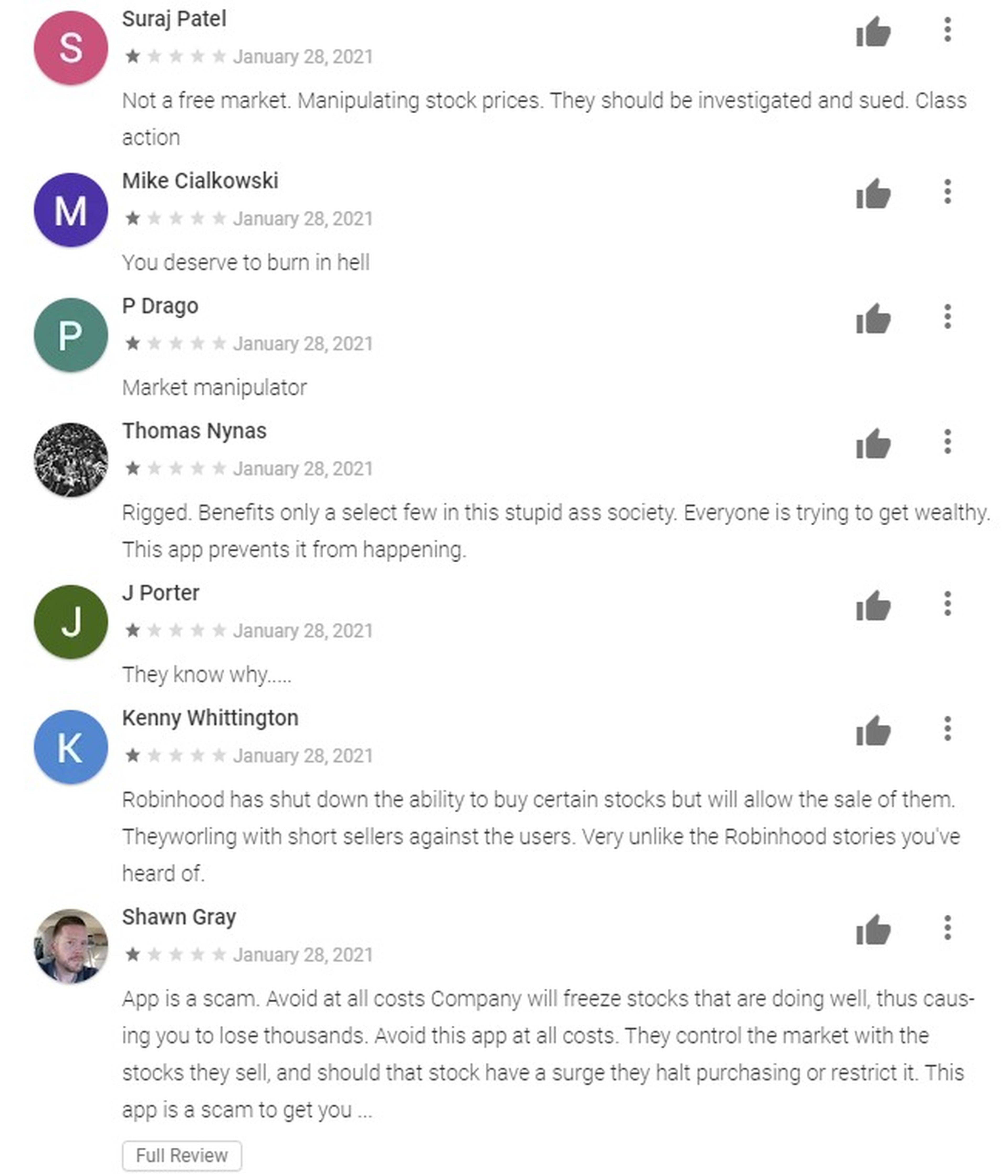 Comentarios en Google Play sobre Robinhood