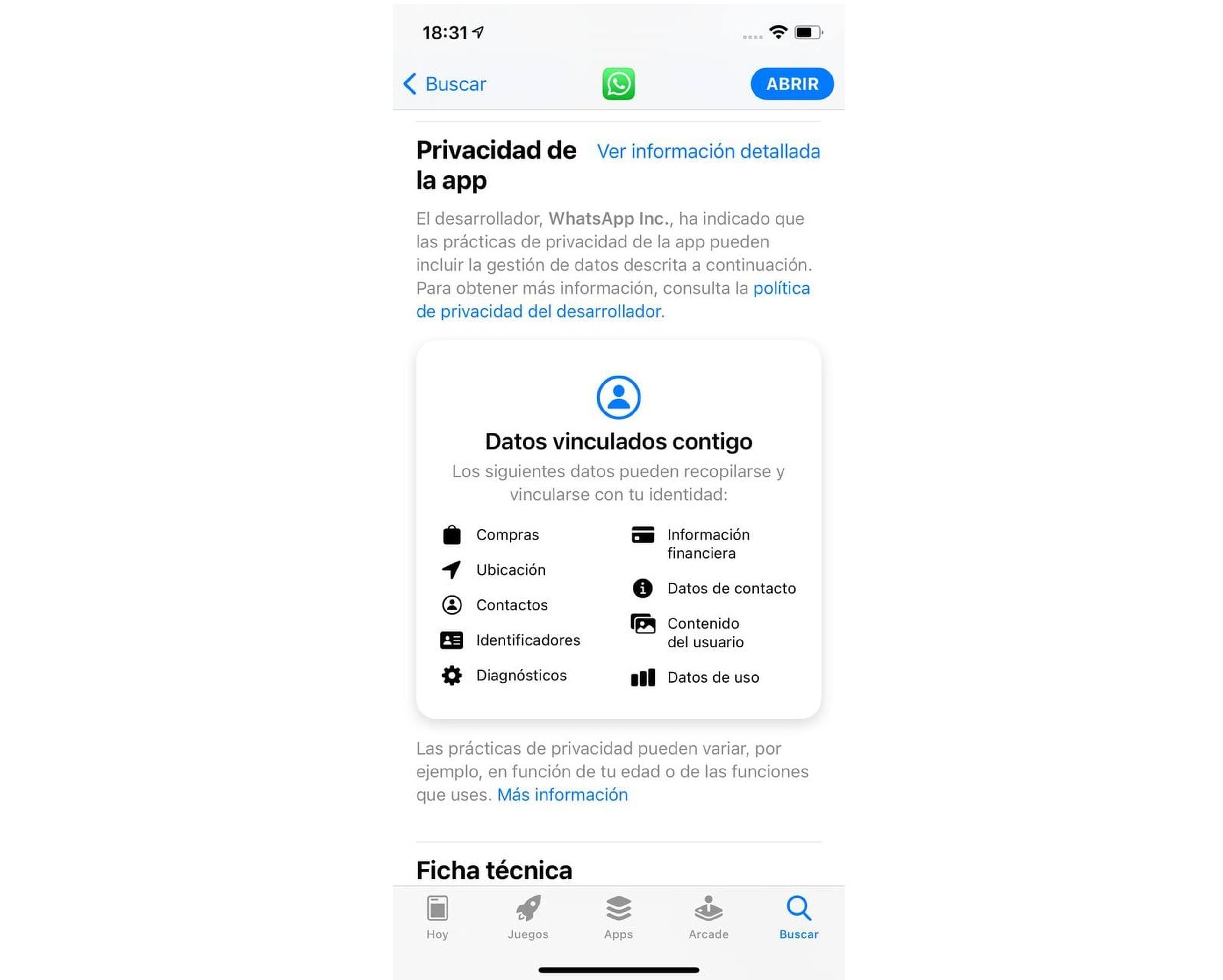 Tarjetas de privacidad de Apple: WhatsApp