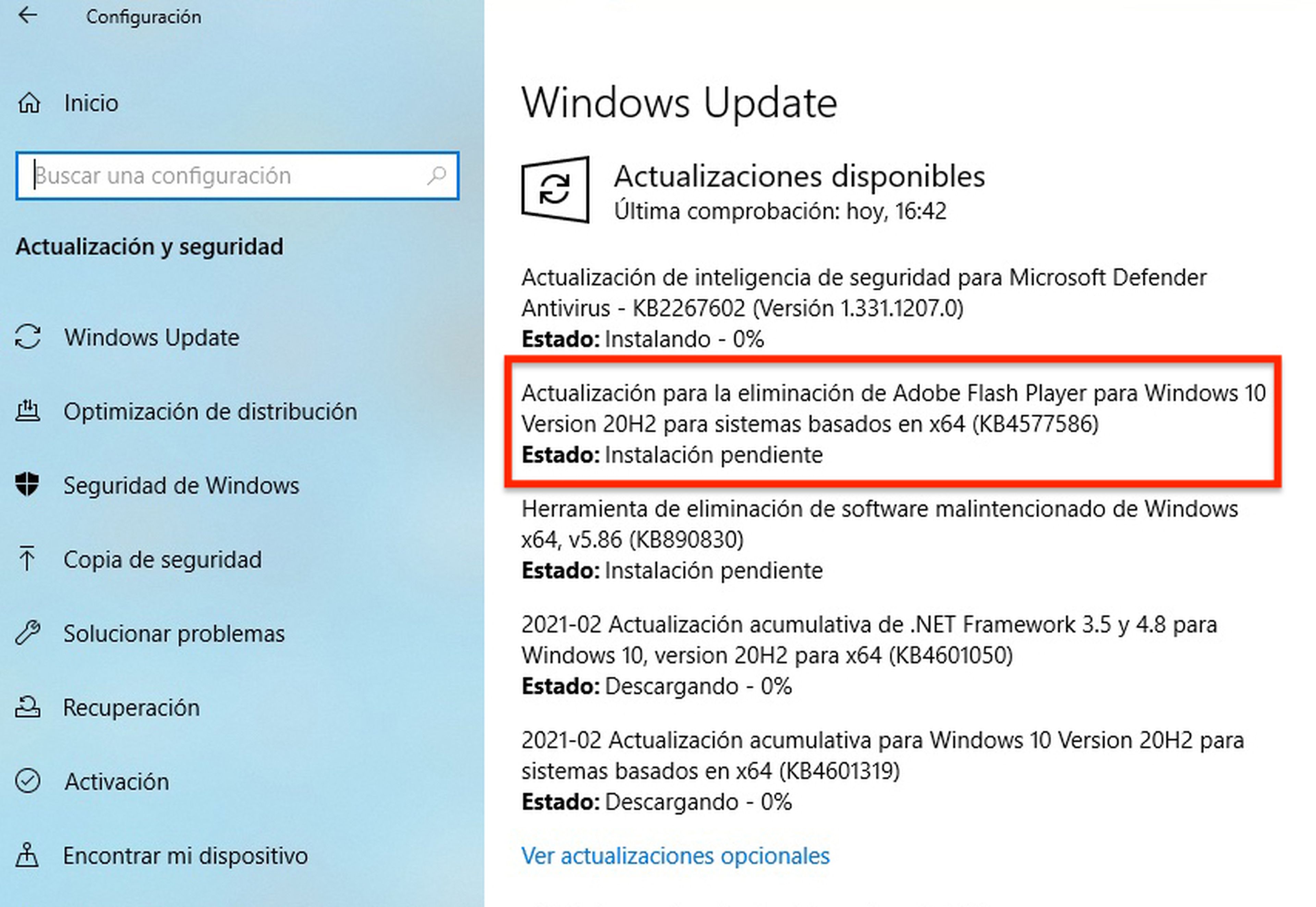 Actualización de Windows 10 para eliminar Adobe Flash Player