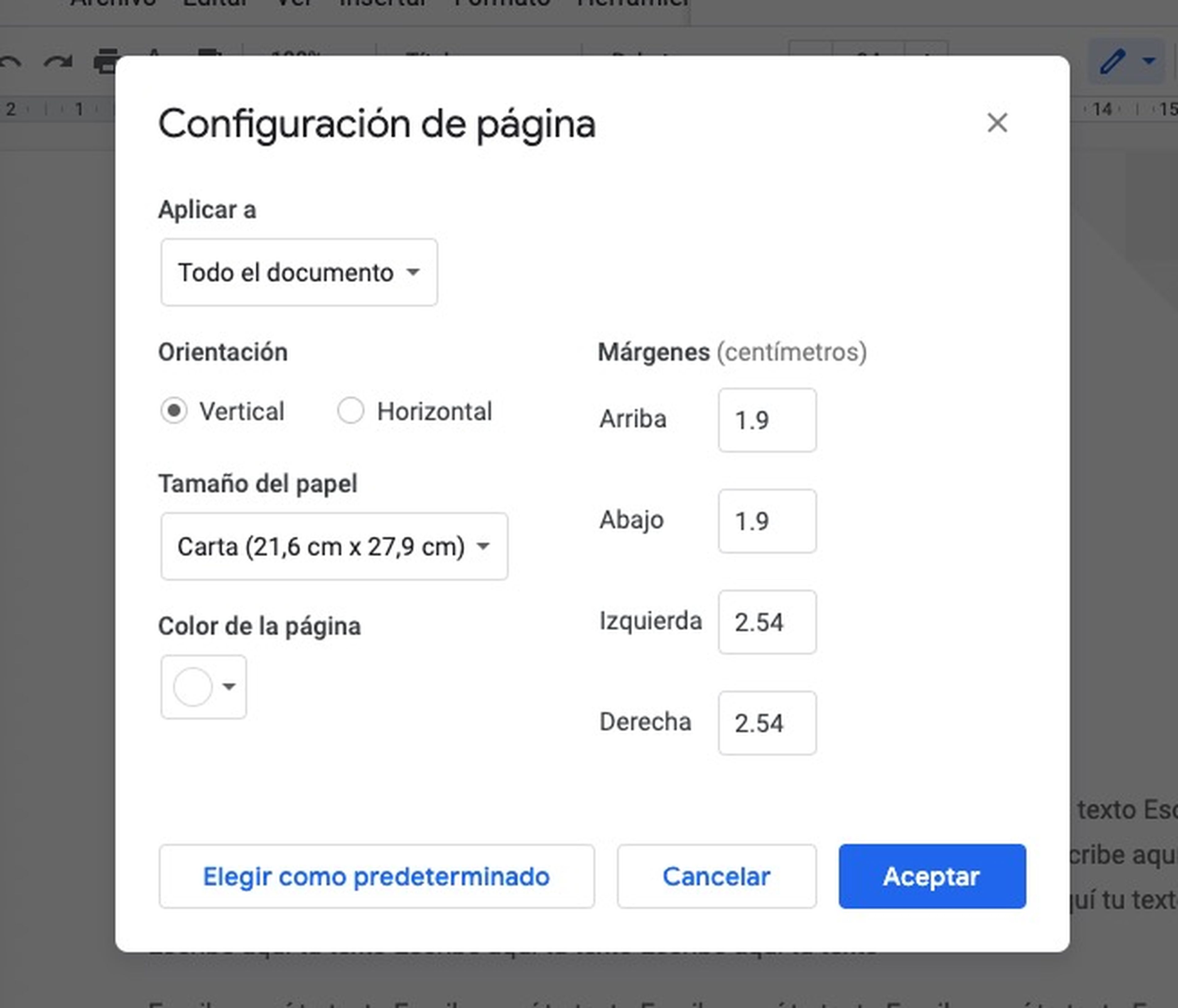Configurar página en Google Docs