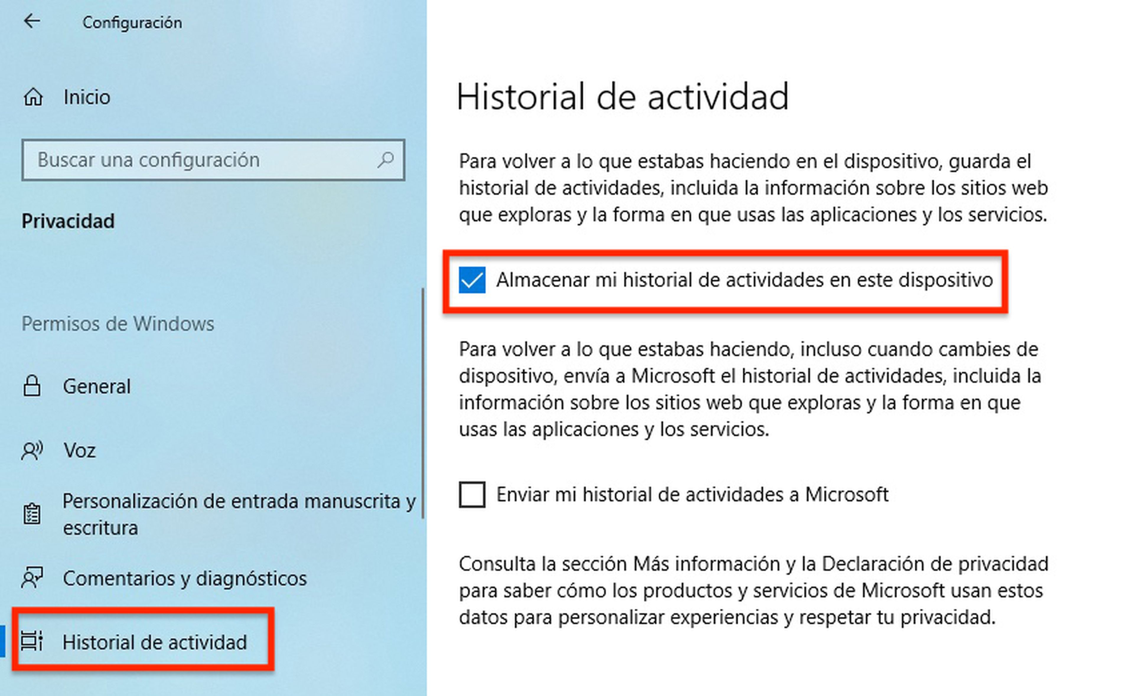 Deshabilitar historial de actividad Windows 10