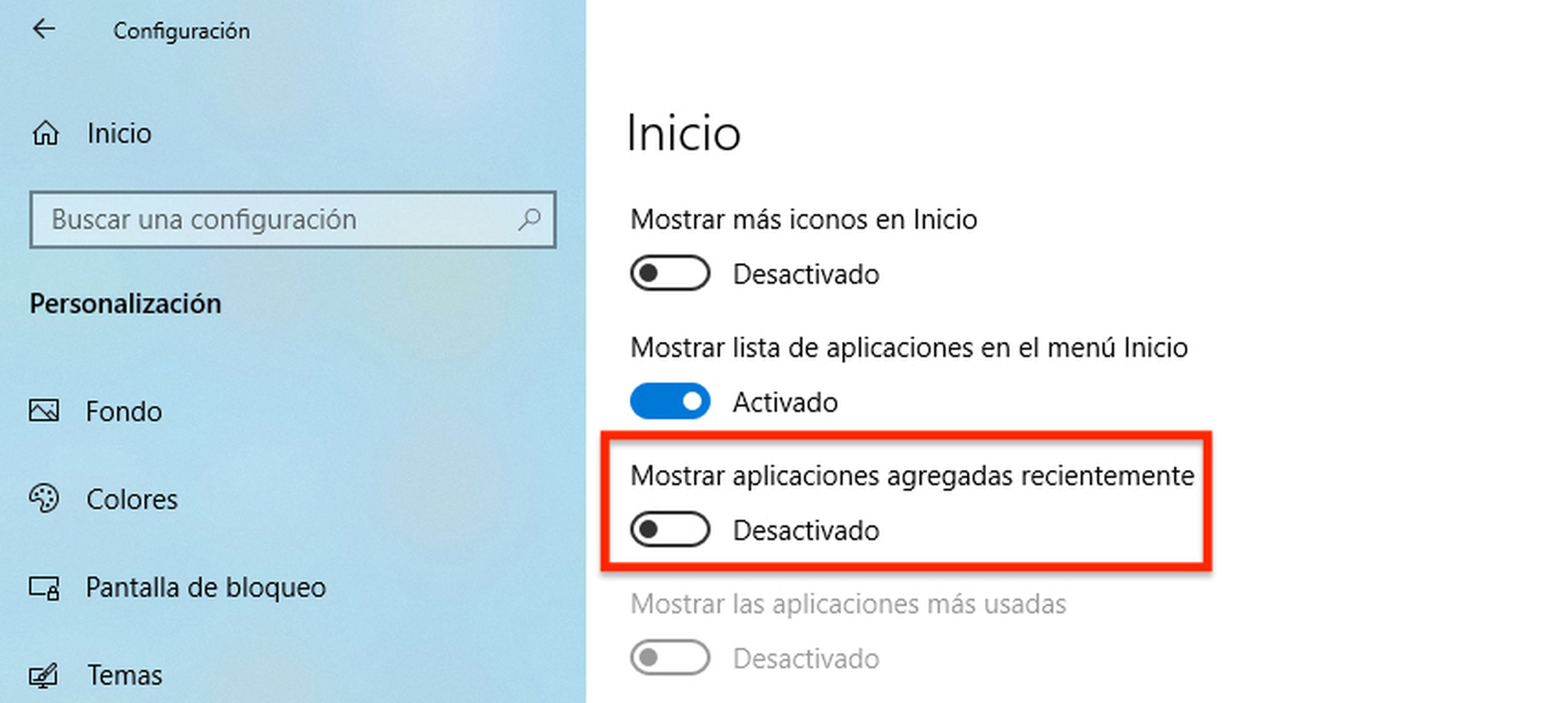 Deshabilitar recomendaciones Windows 10