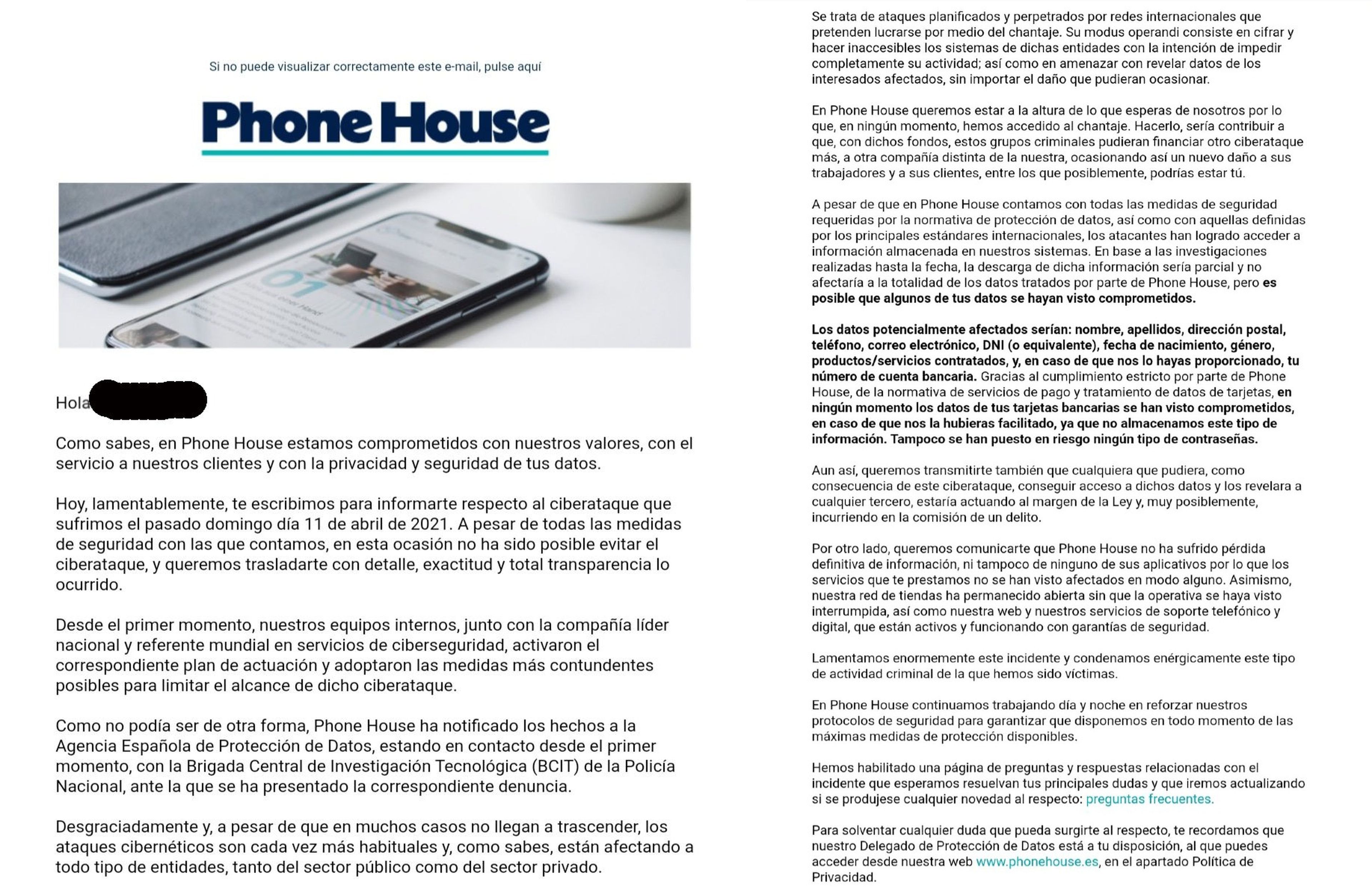 Comunicado hackeo Phone House España