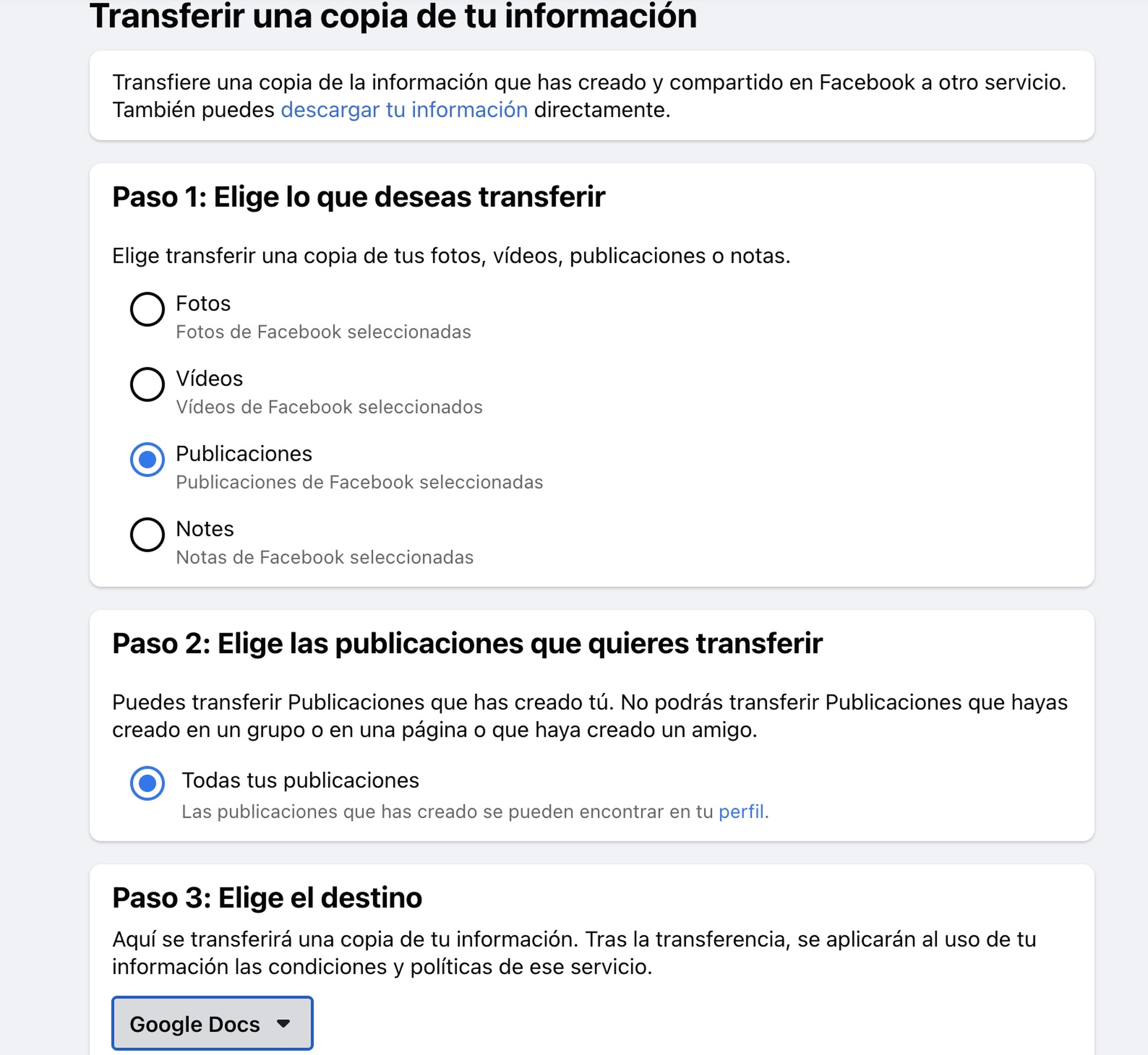 Transferir información de Facebook