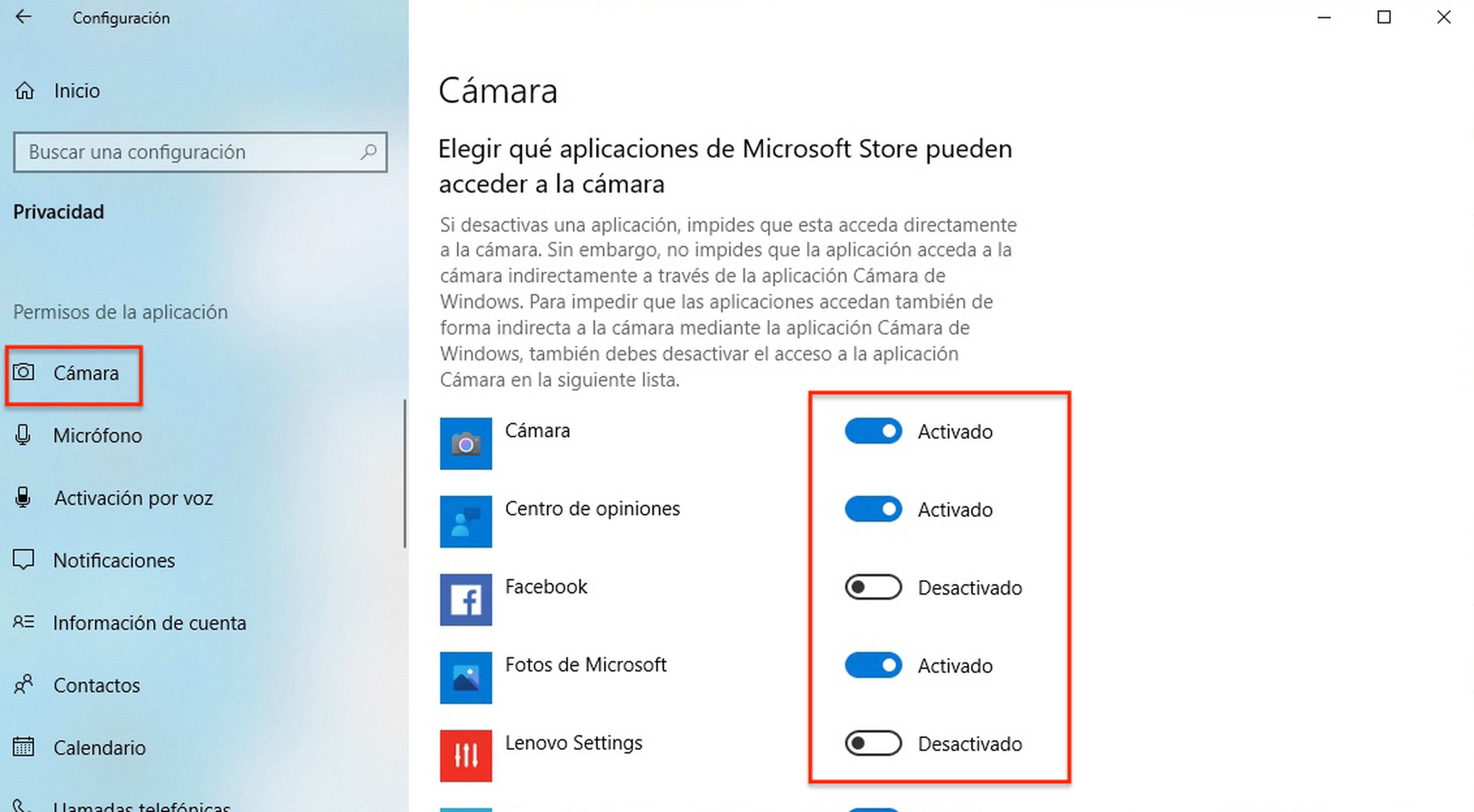 Privacidad de la cámara en Windows 10