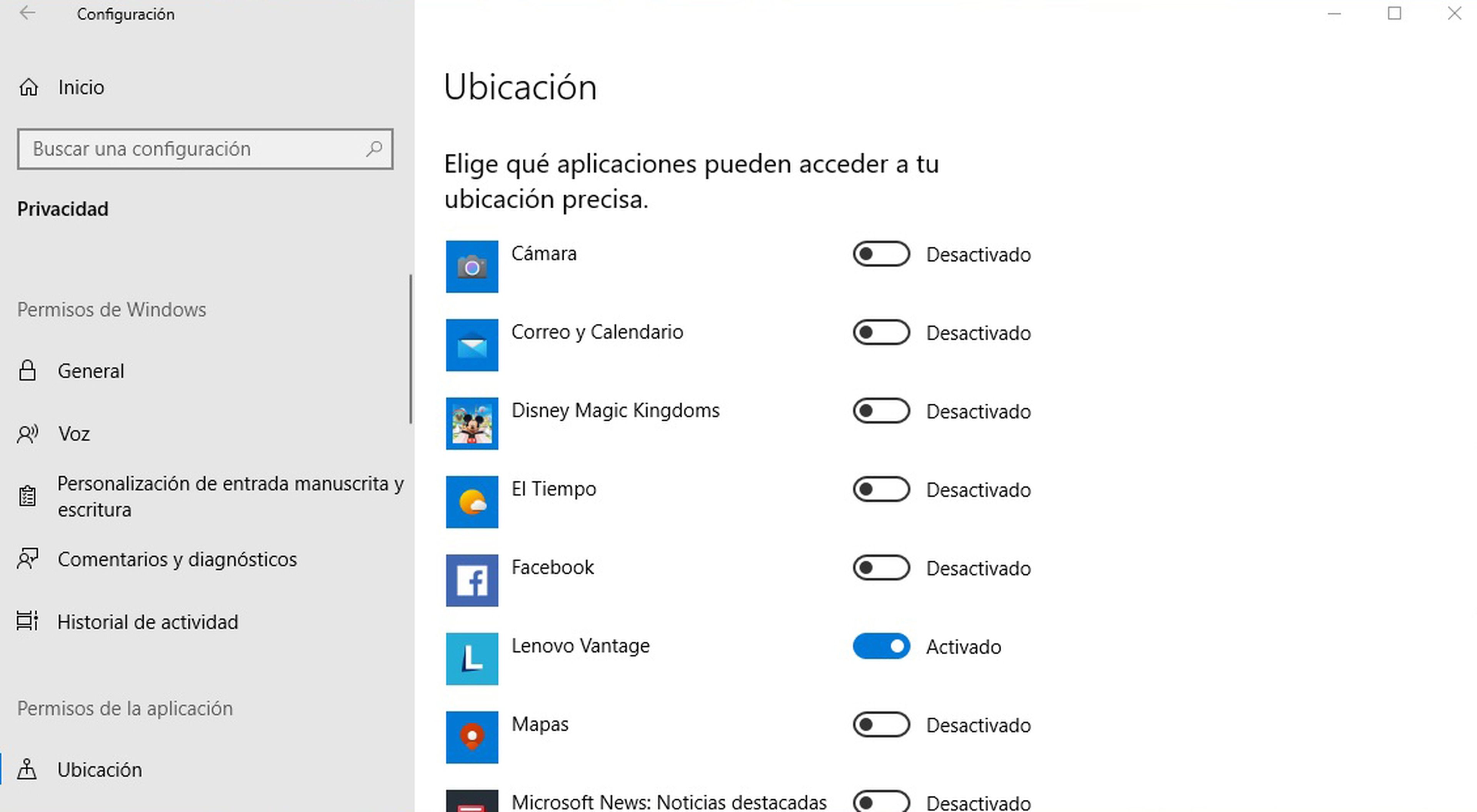 Ubicación en Windows 10