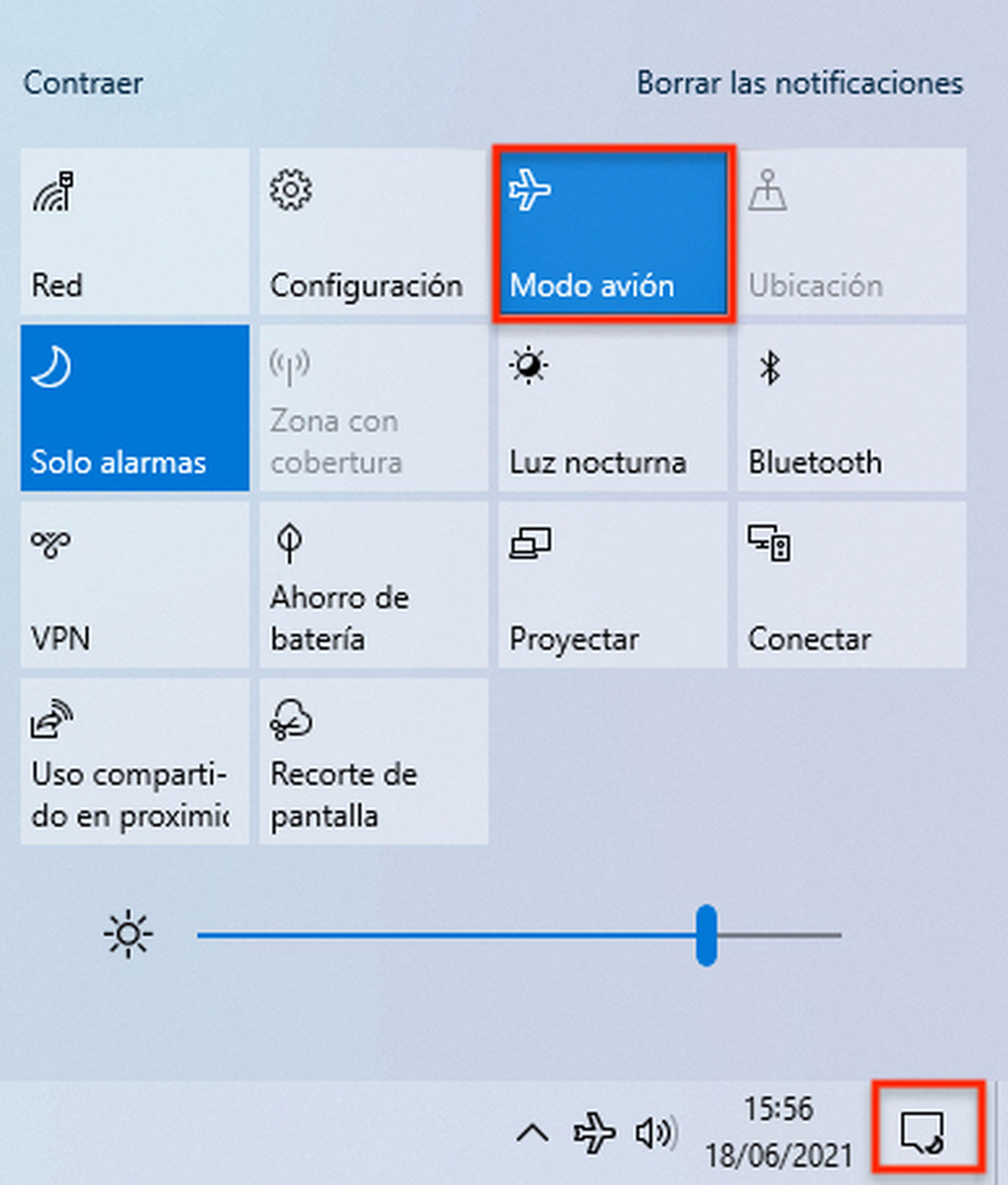 Activar el modo avión de Windows 10 desde el centro de actividades