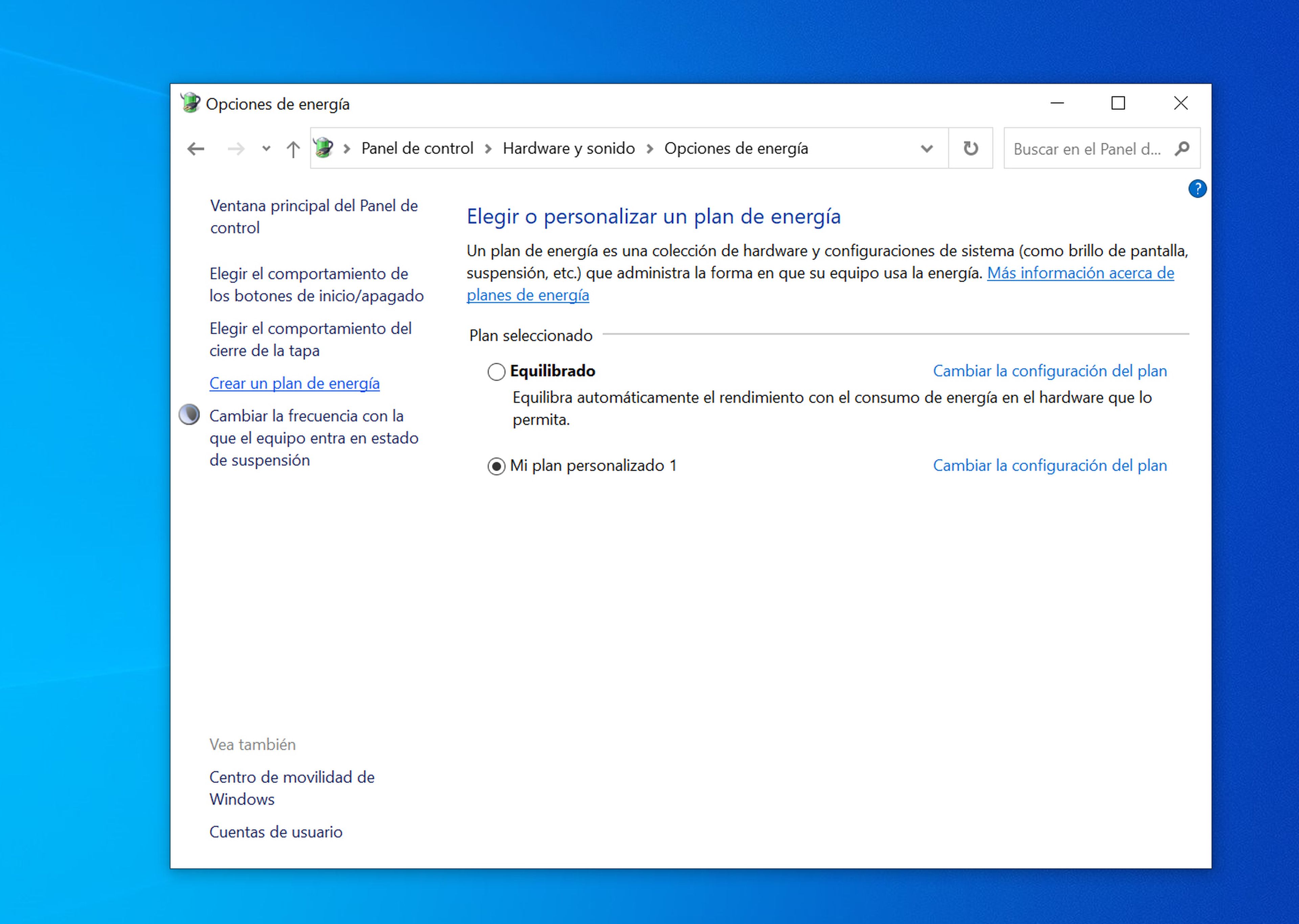 Plan de energía Windows 10