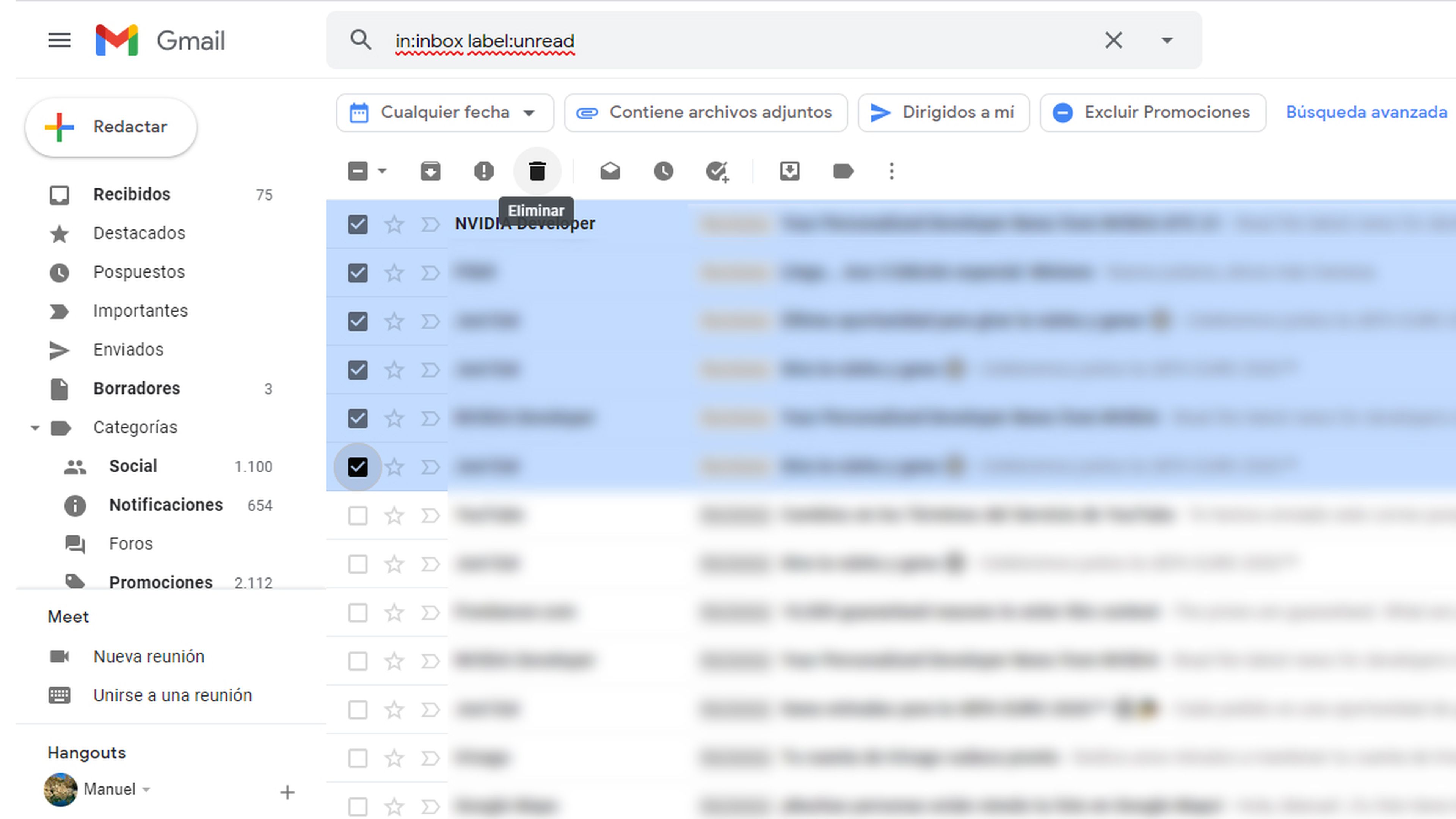 Seleccionar algunos mensajes para borrar en Gmail