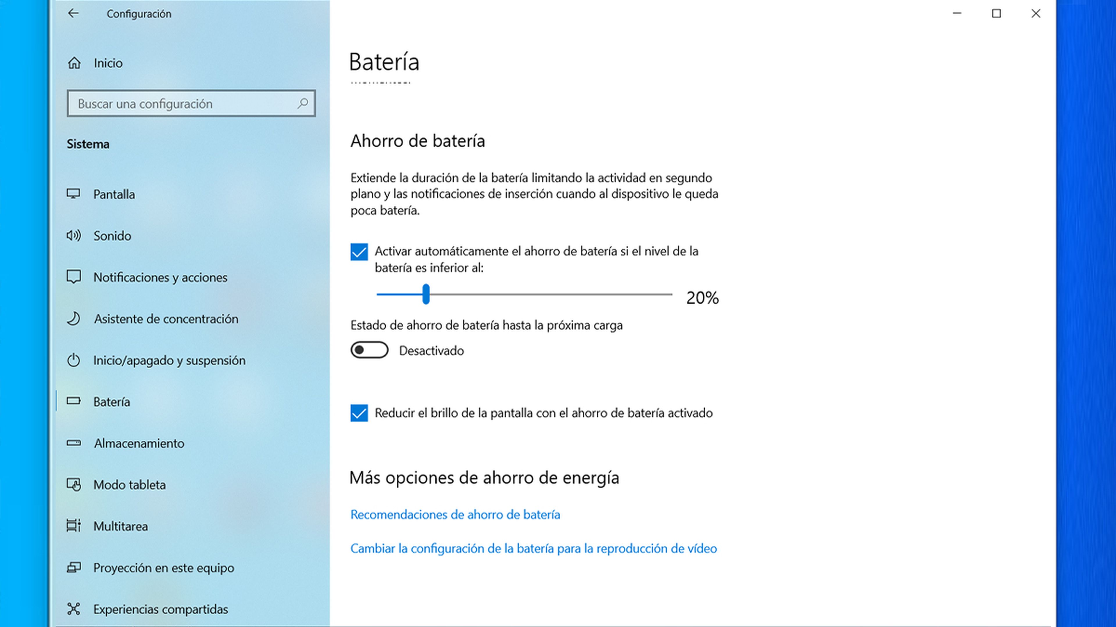 Ahorro de batería en Windows 10
