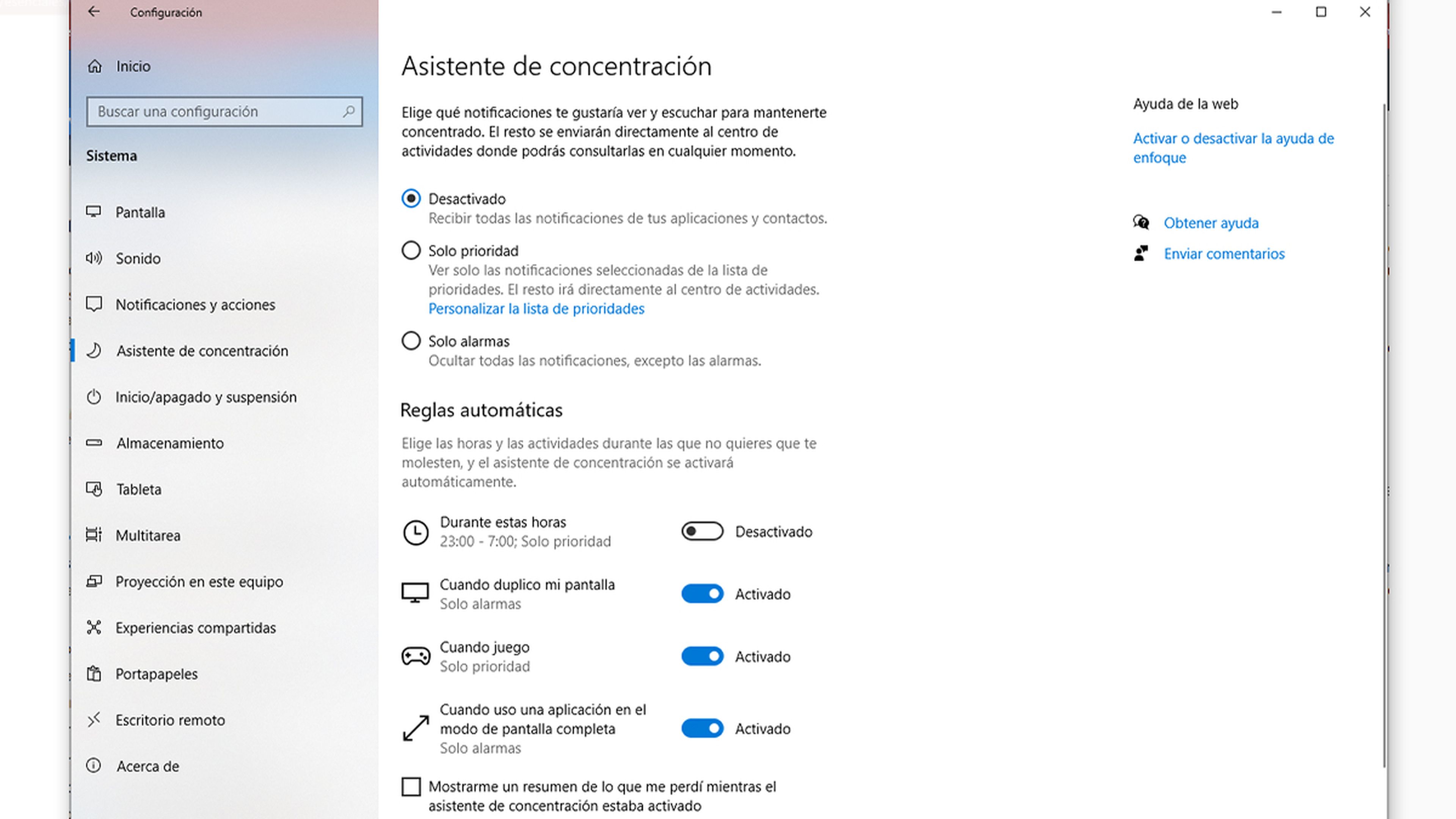 Asistente de concentración Windows 10