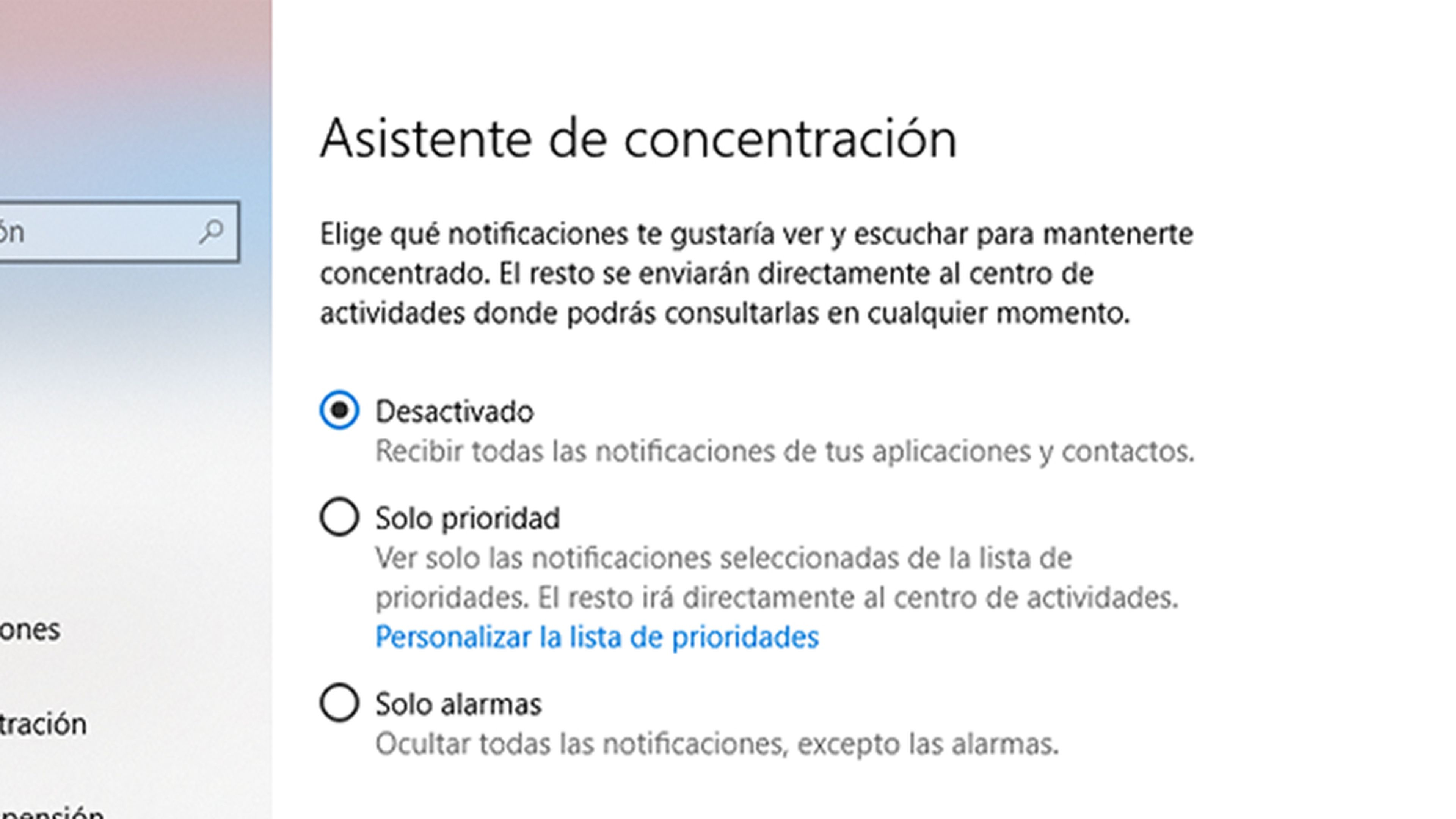 Notificaciones Asistente de concentración Windows 10