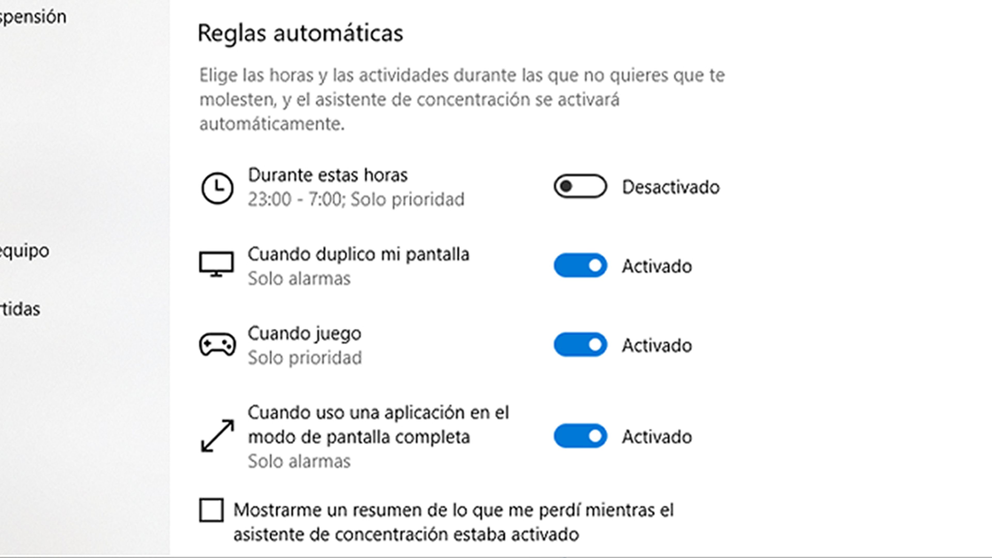 Reglas automáticas en asistente de concentración Windows