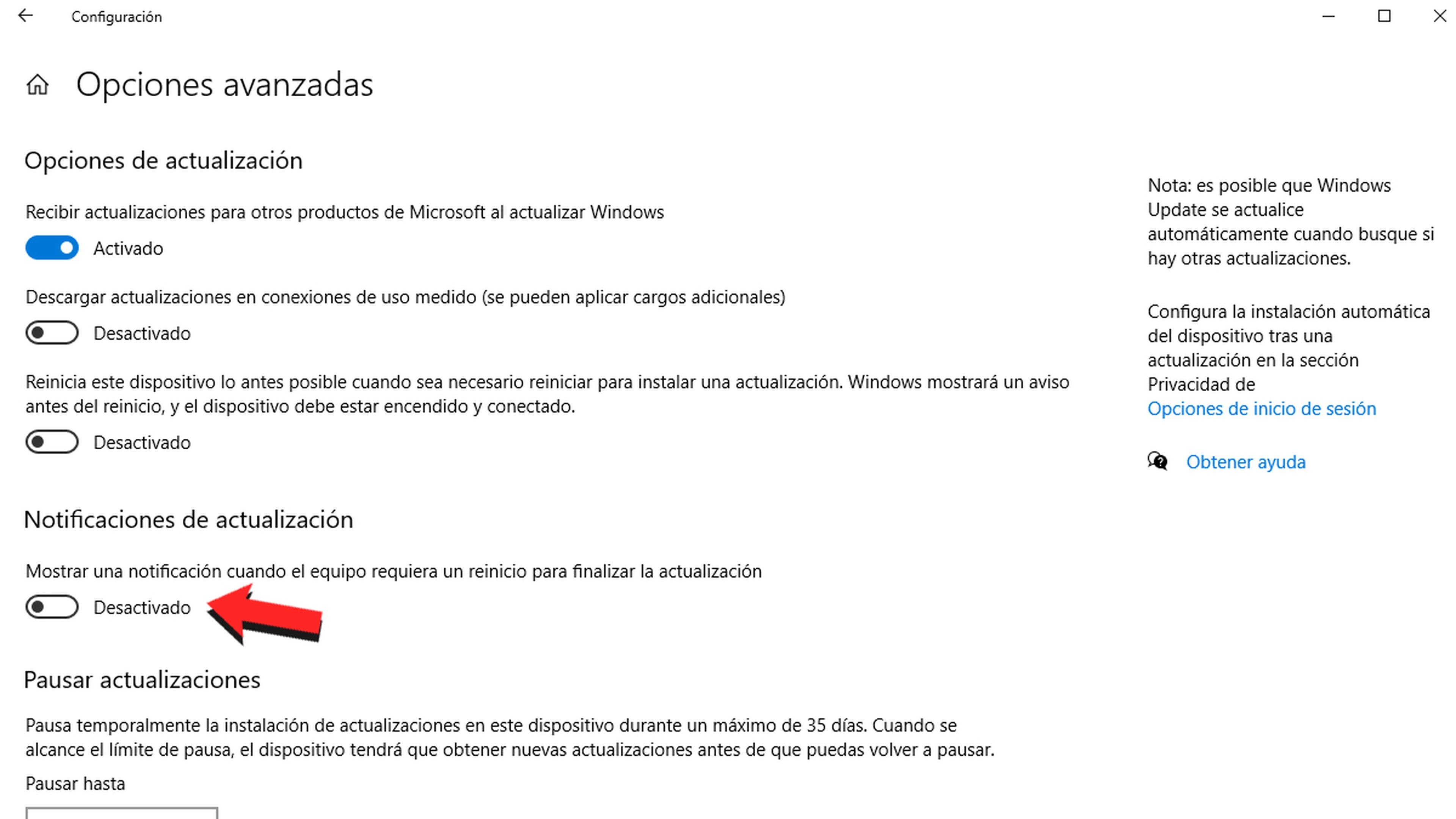 Notificaciones para actualizaciones en Windows 10