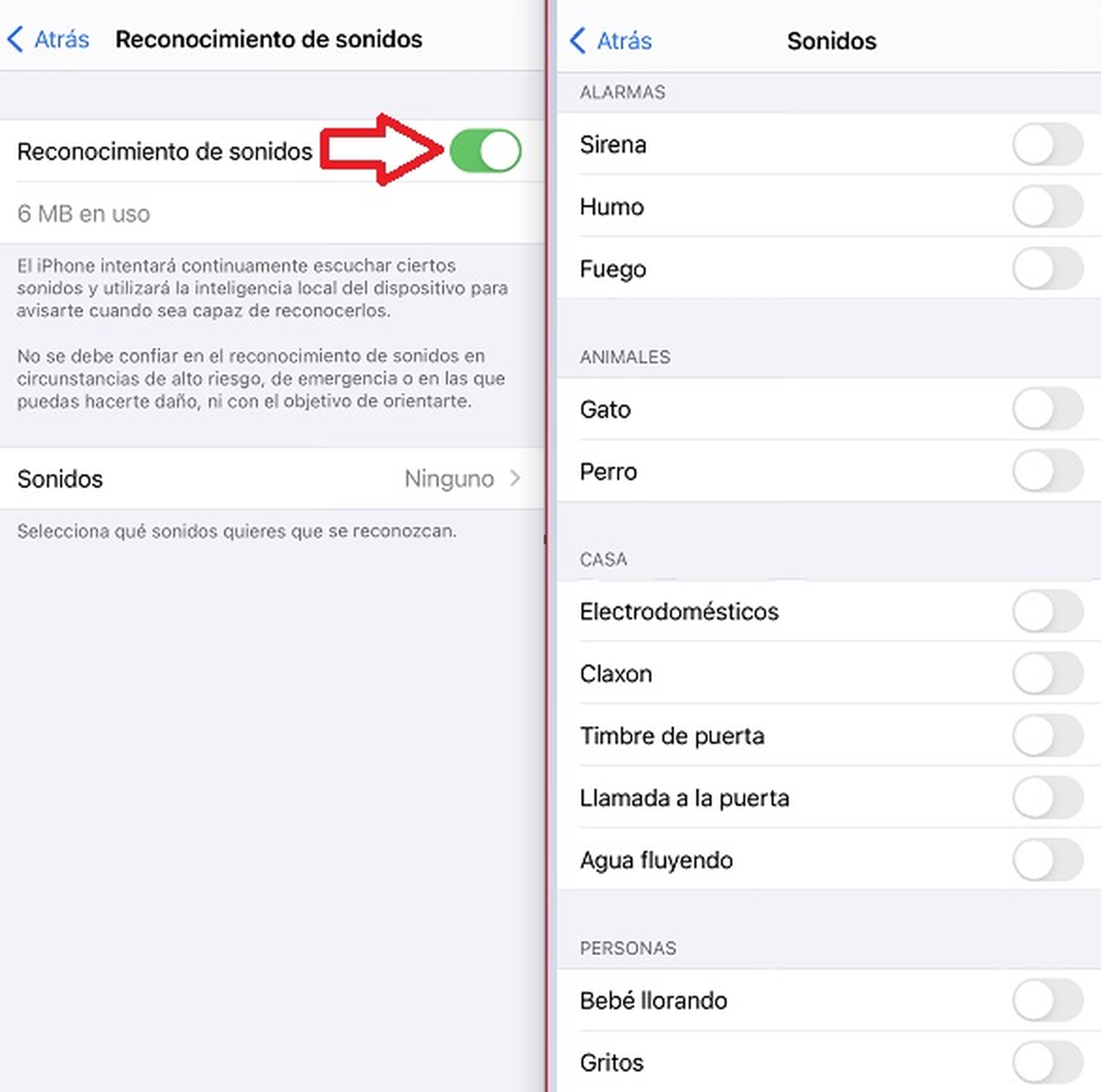 Pasos 3 y 4 para activar el detector de ruidos en Apple