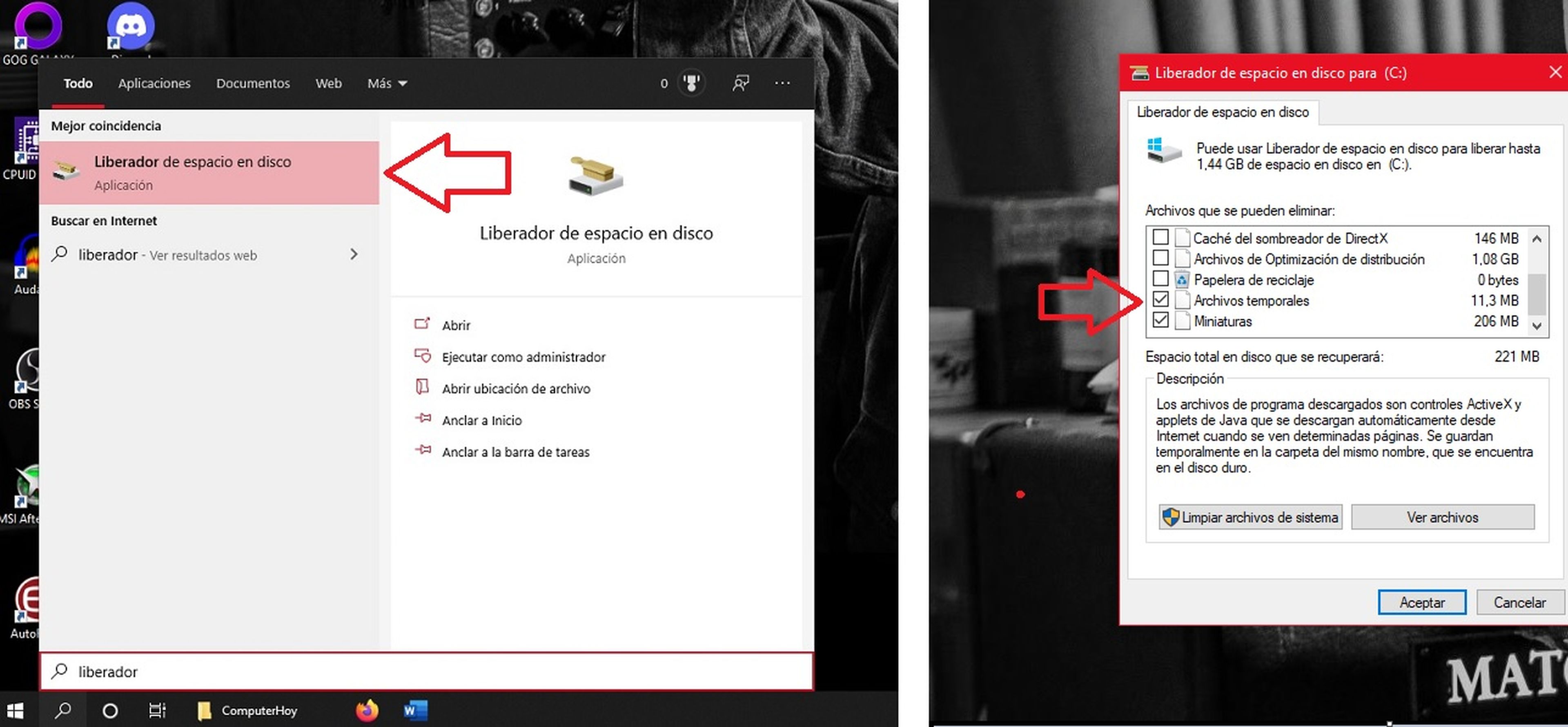 Pasos para liberar espacio a través del Liberador de Espacio en Disco en Windows 10