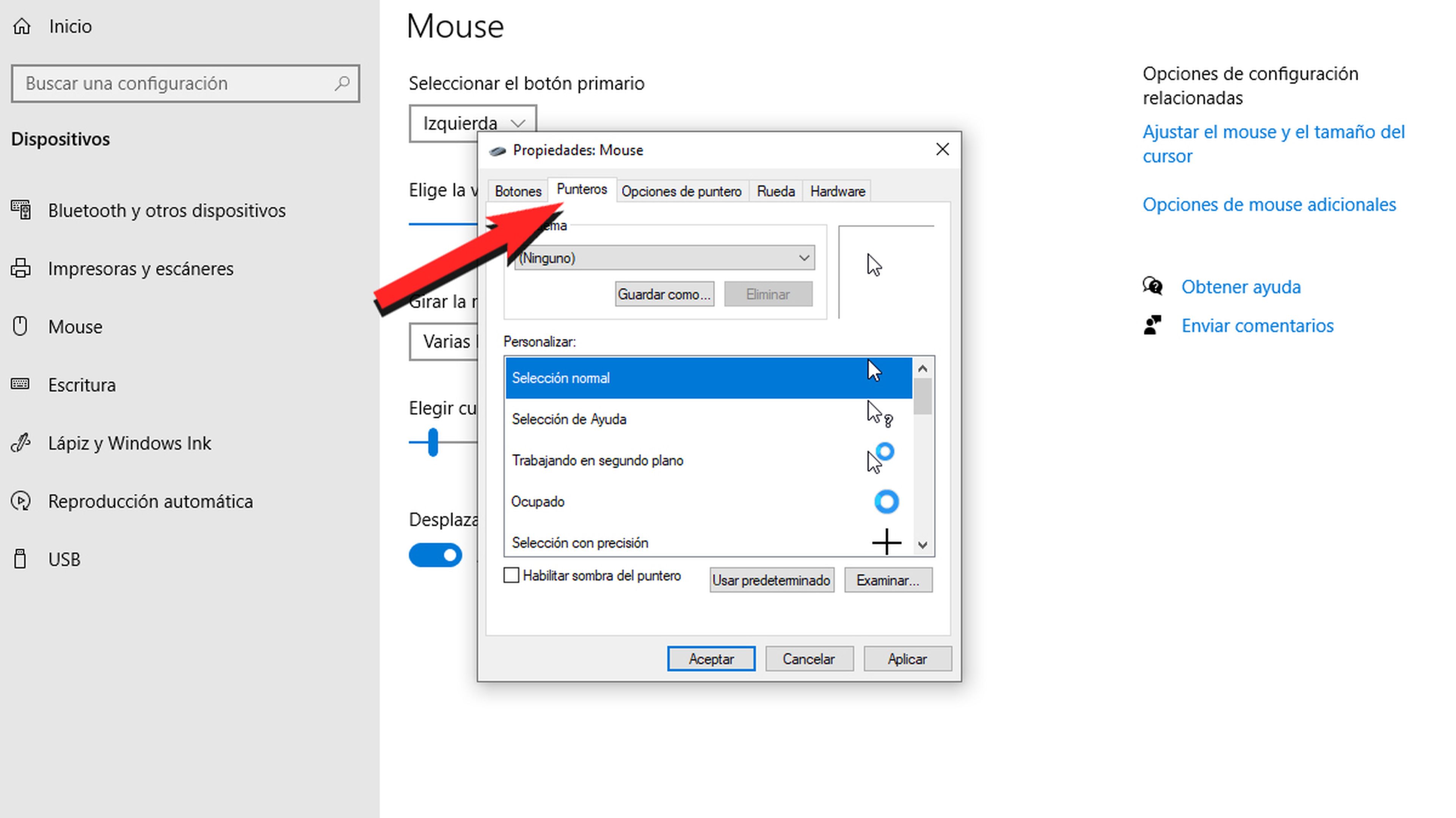 Punteros del mouse en Windows 10