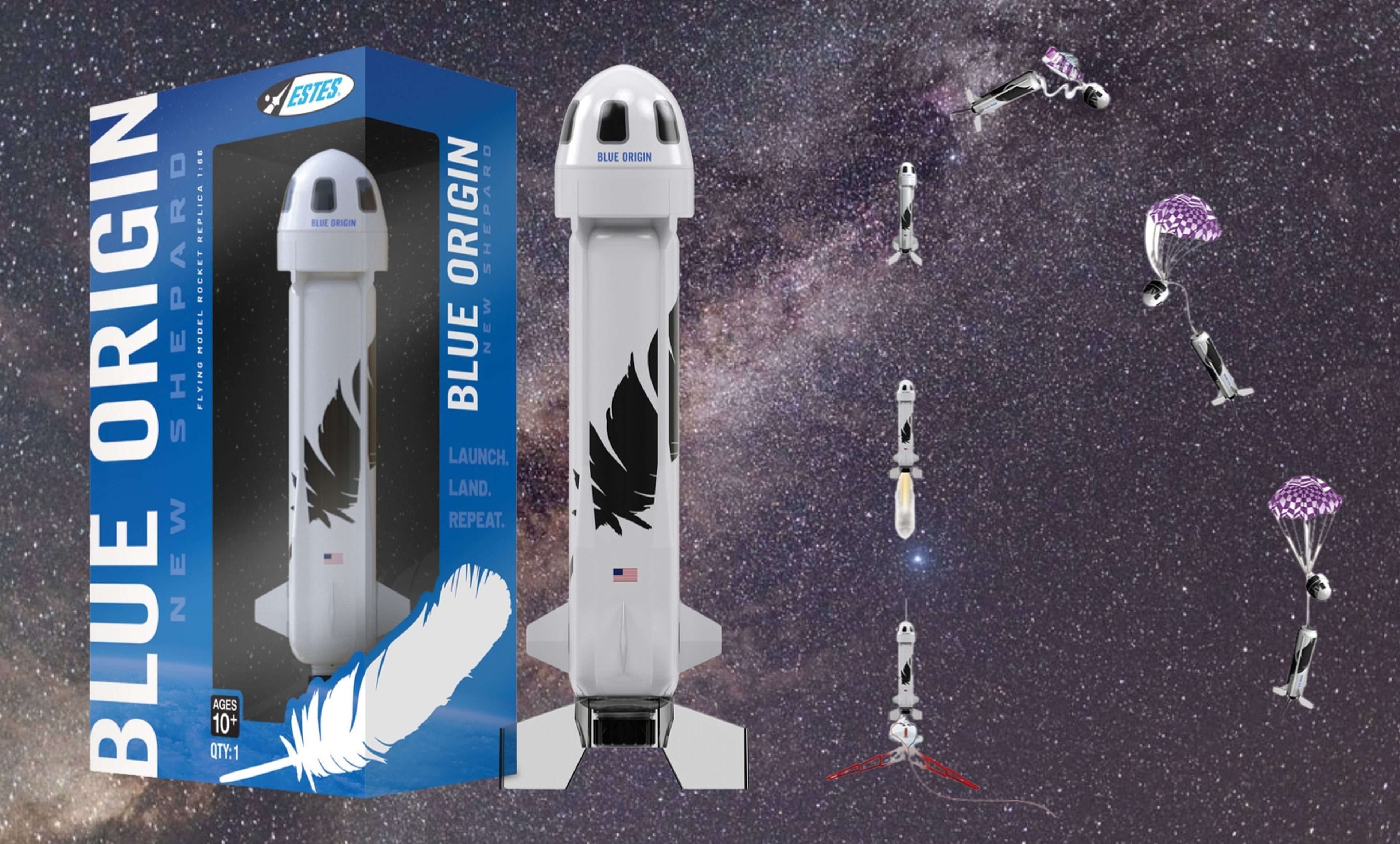 Esta réplica del cohete de Blue Origin asciende hasta los 100 metros, una pena que no incluya una figura de Jeff Bezos en miniatura...