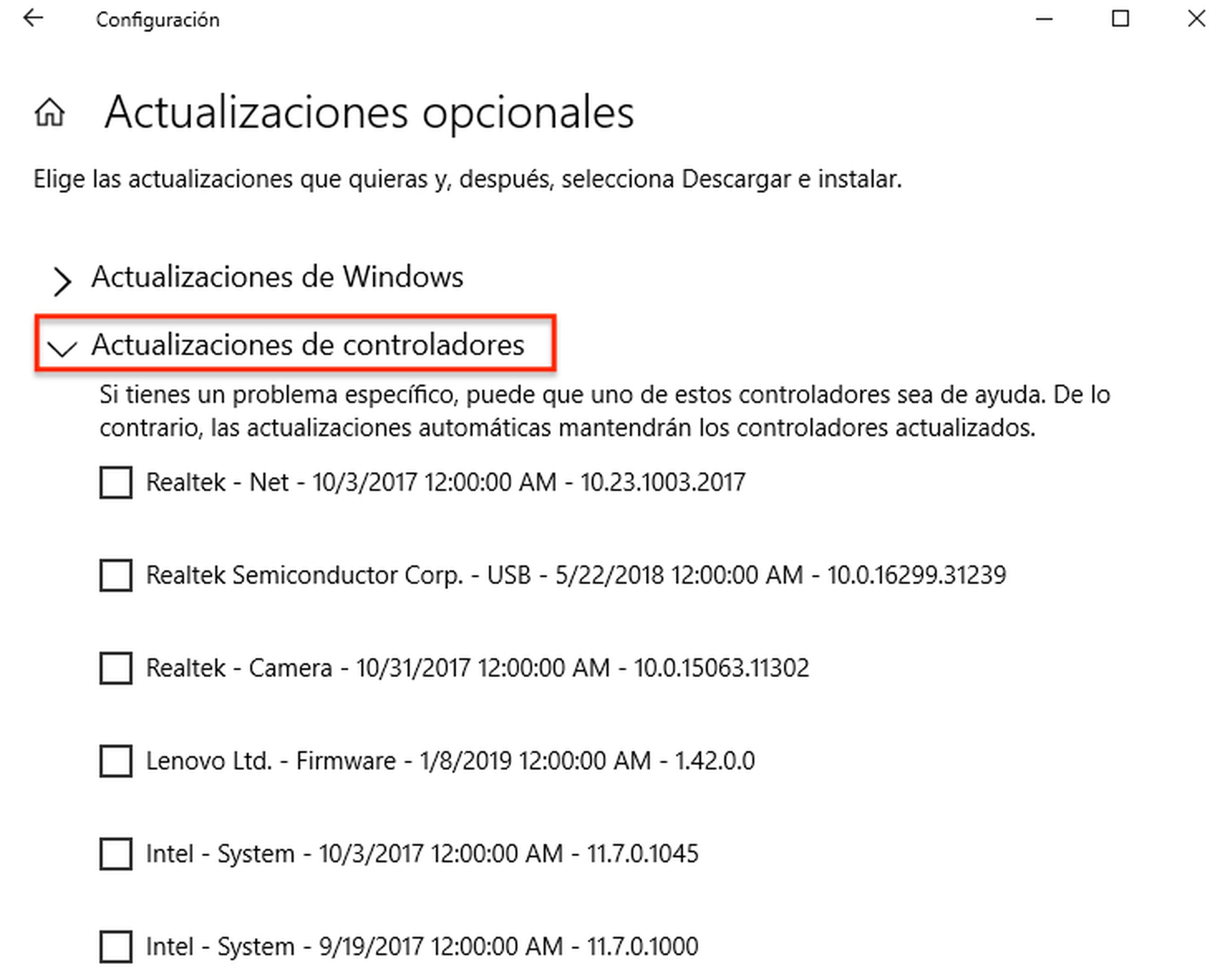 Actualizaciones opcionales de controladores de Windows 10