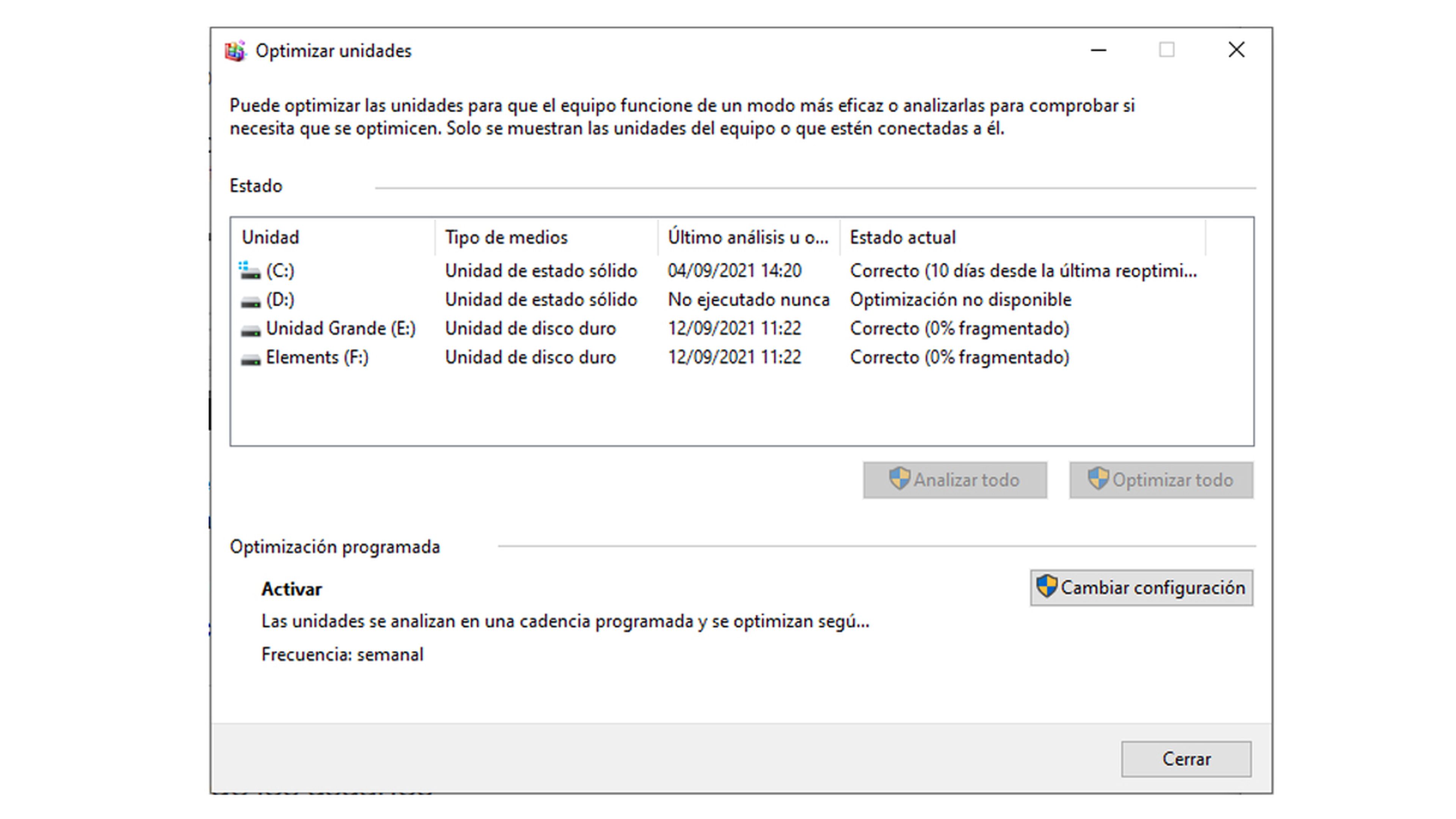 Desgragmentar en Windows 10