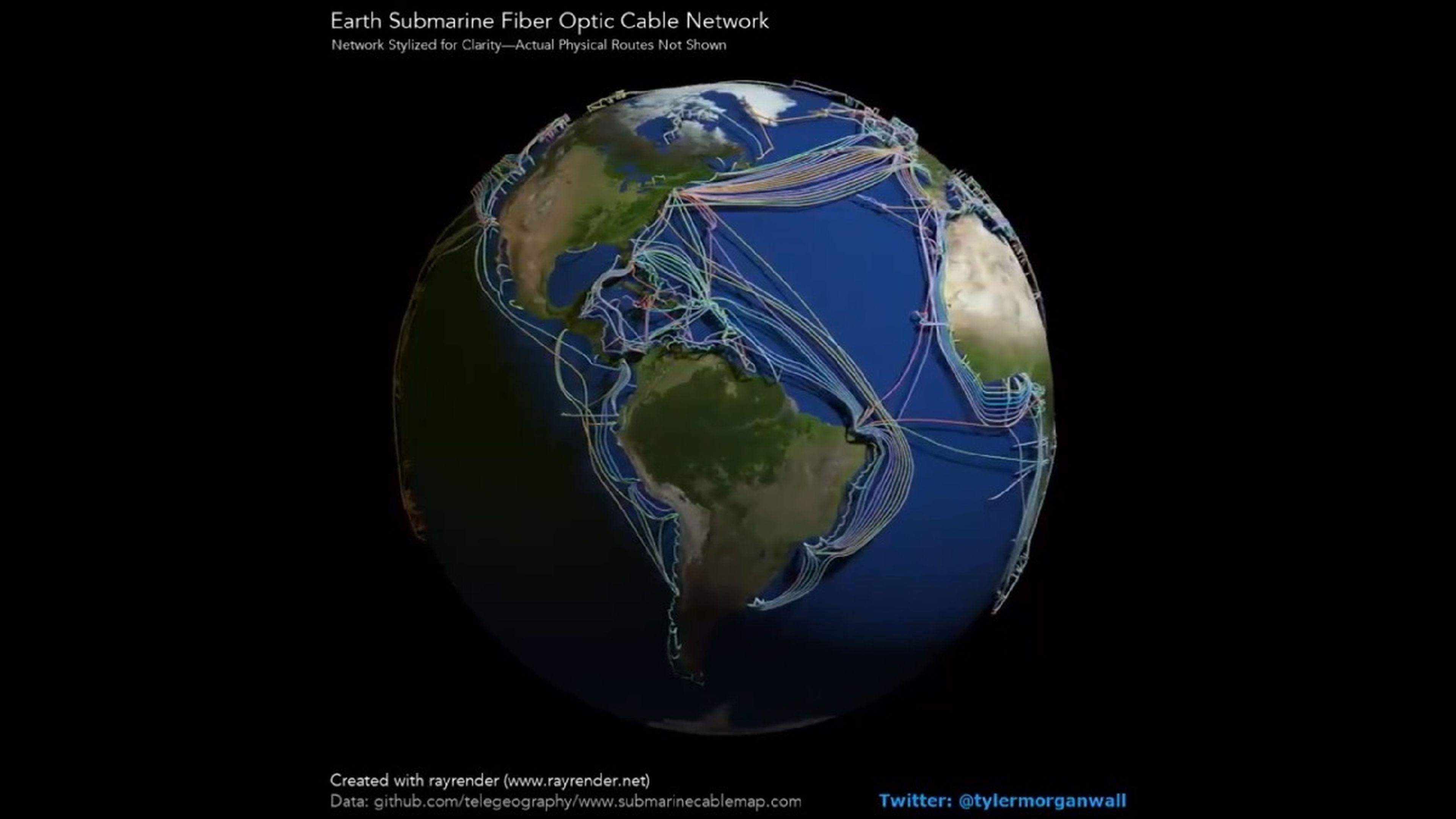 El mapamundi en 3D que muestra los cables de fibra óptica que conectan en milisegundos a todo el planeta