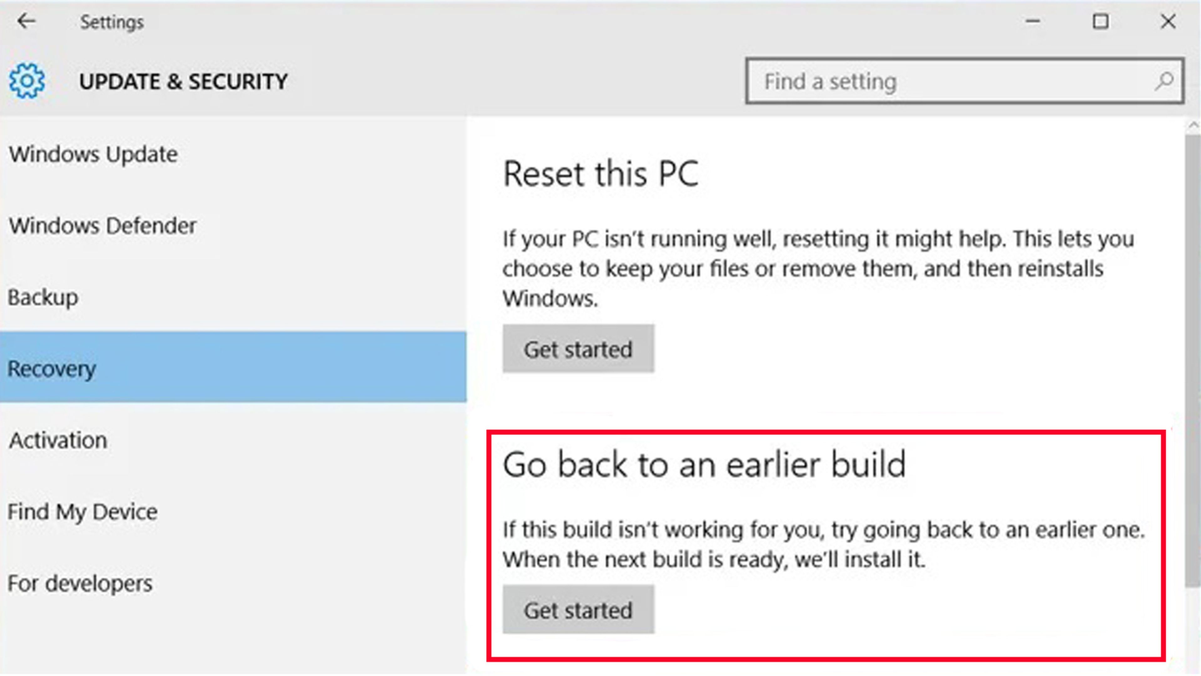 Revertir actualización en Windows 10