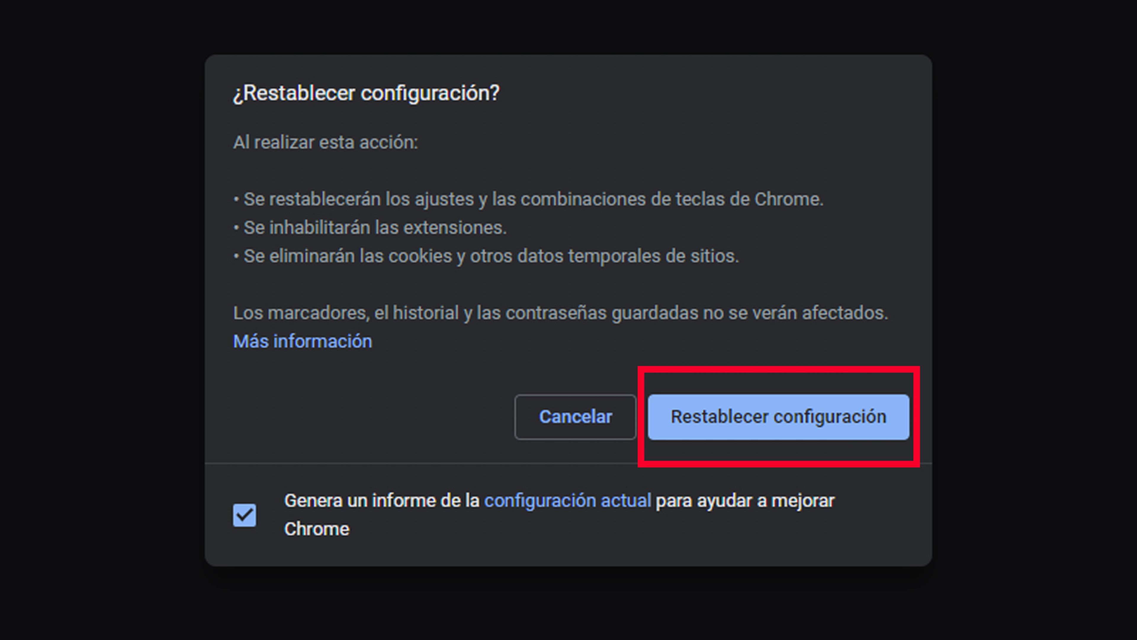 Restablecer configuración de Google Chrome