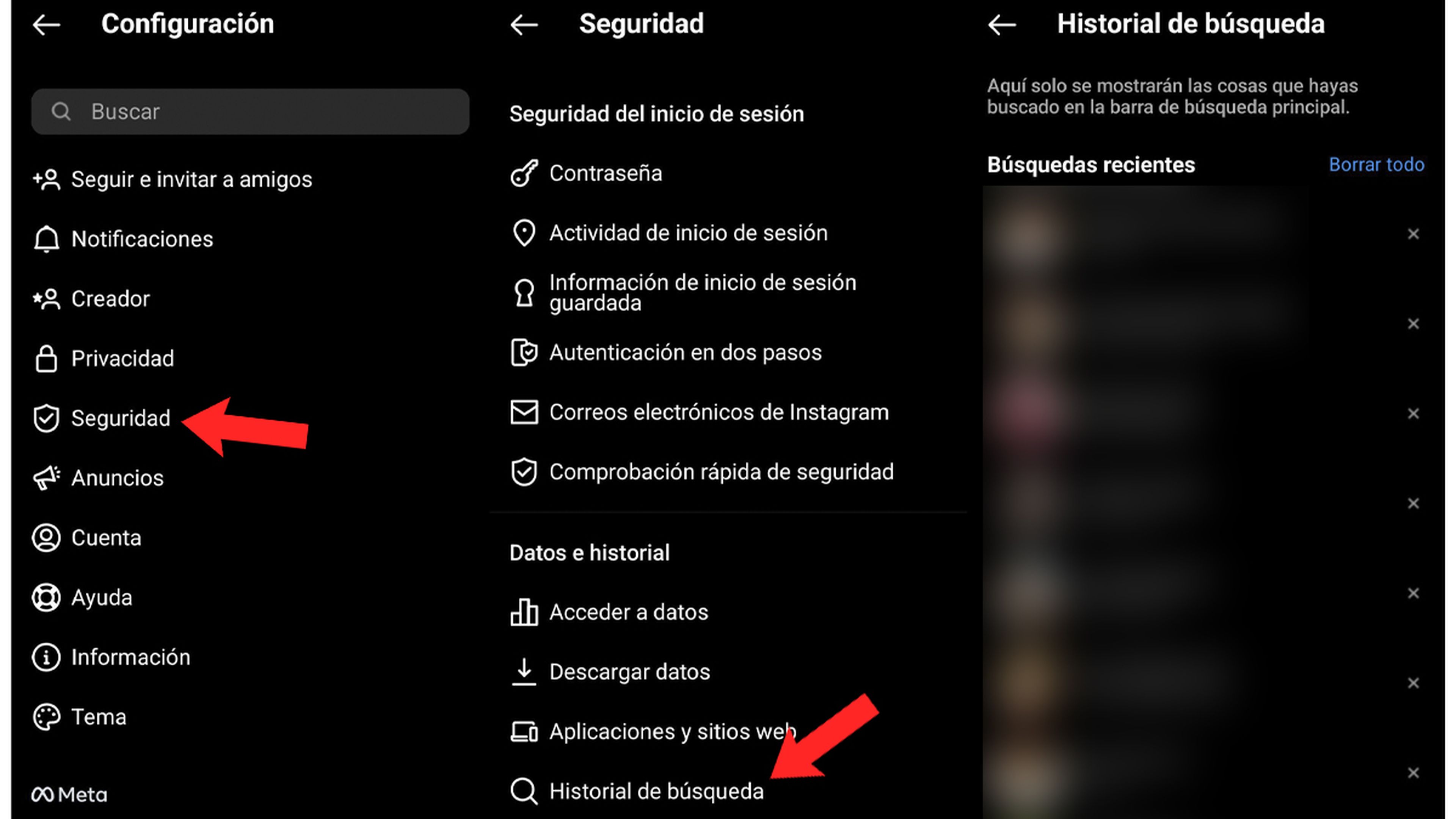 Borrar historial Instagram