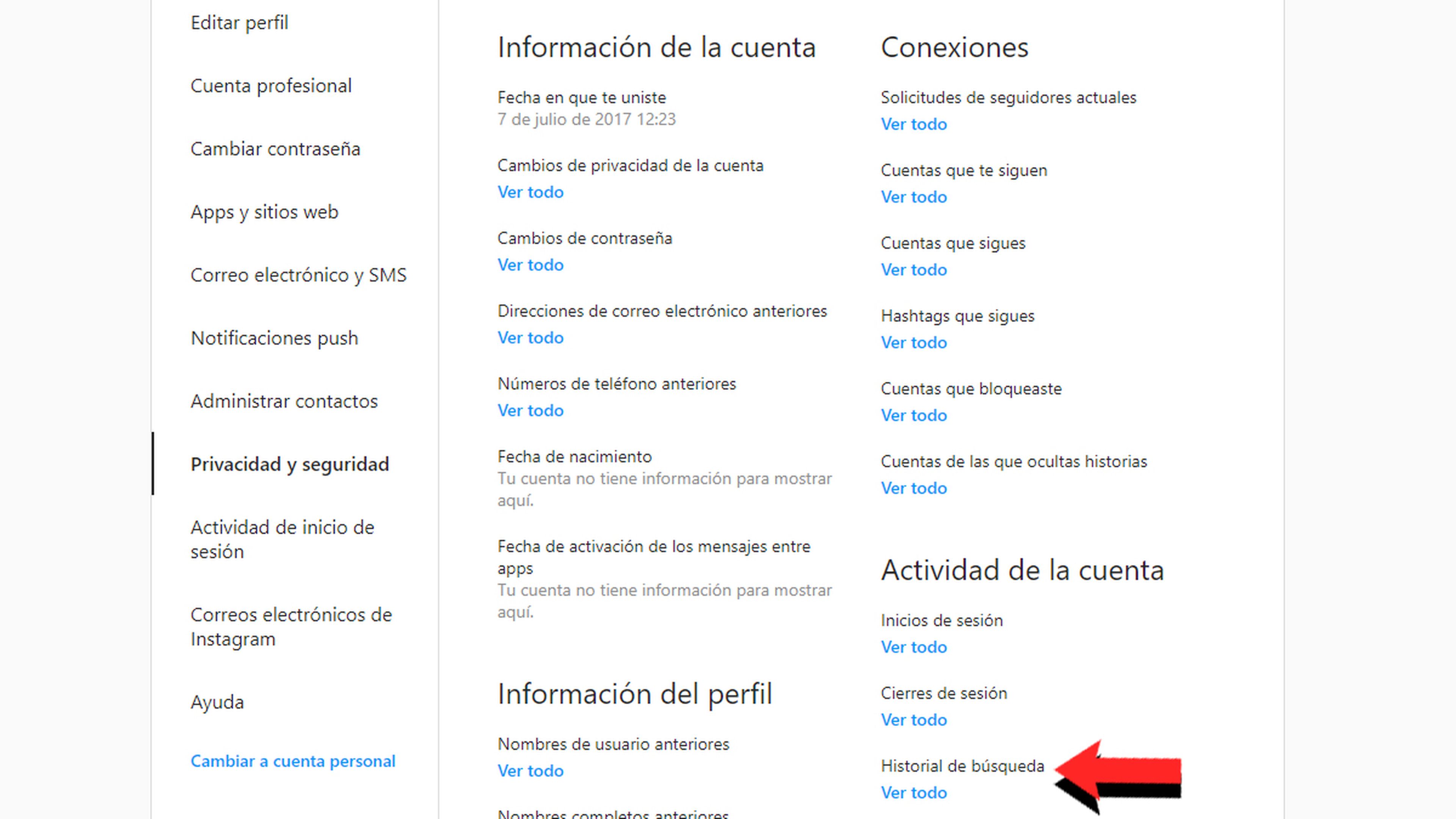 Borrar historial Instagram ordenador