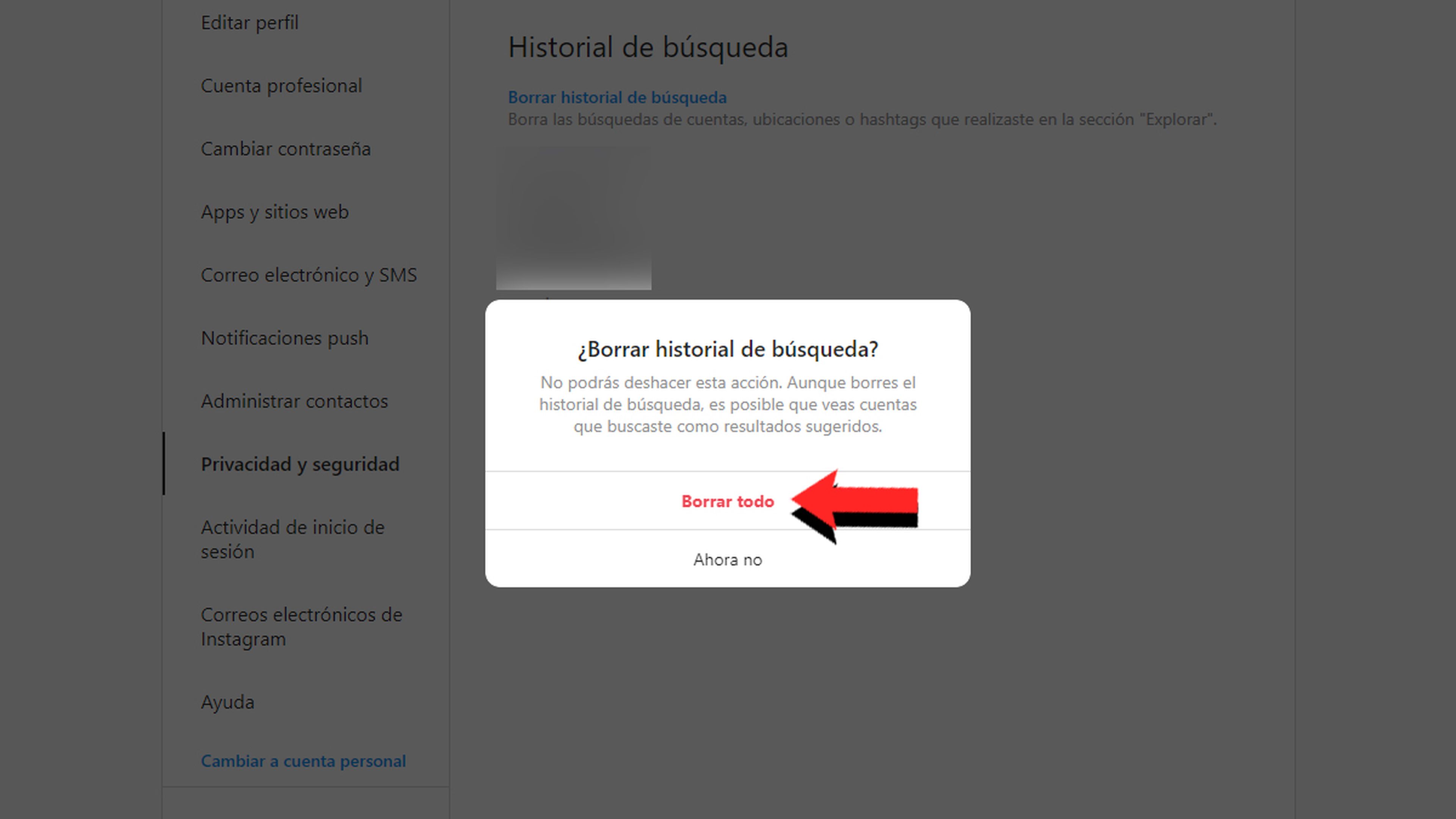 Borrar historial Instagram ordenador