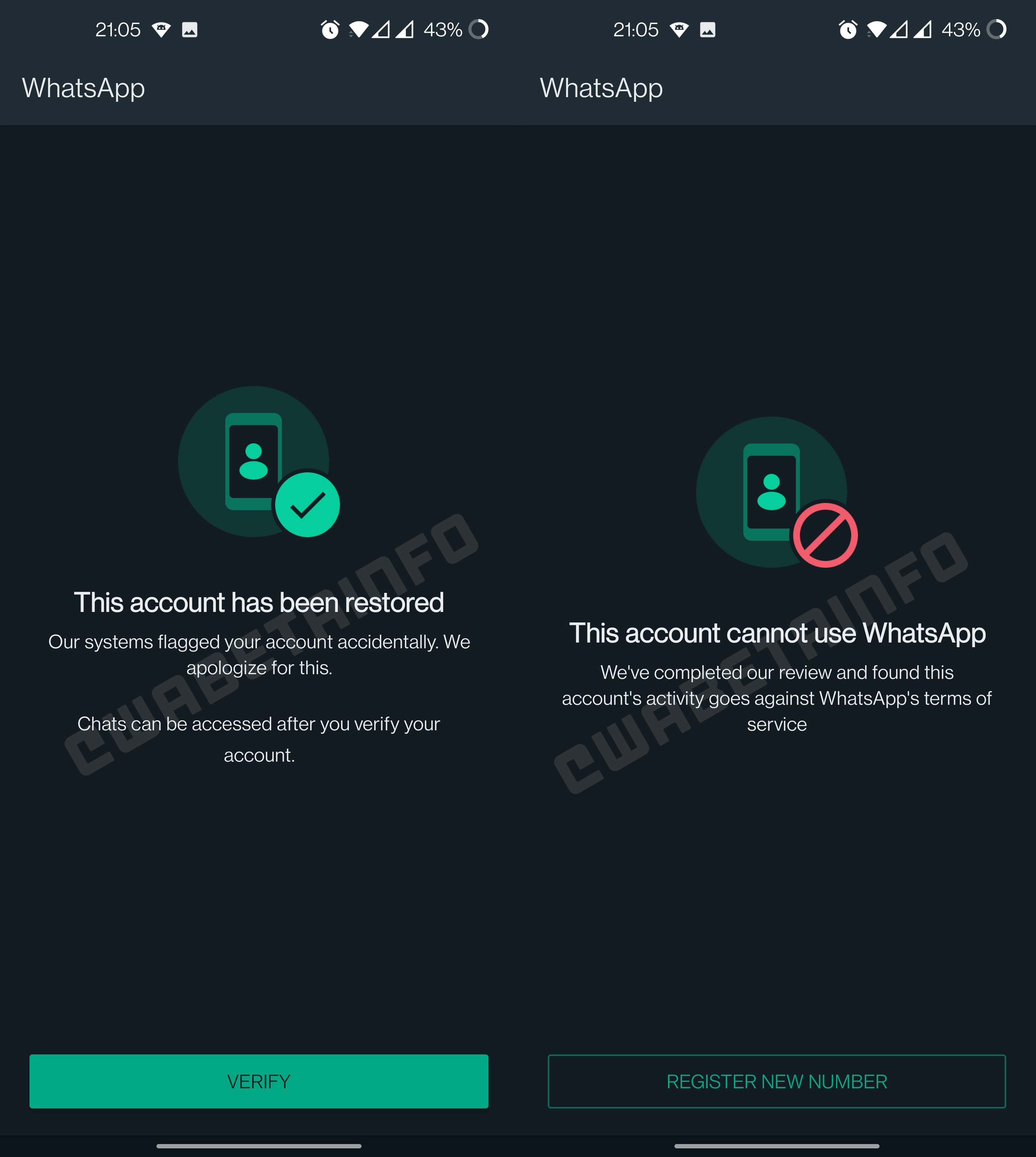 Interfaz de suspensión de cuenta WhatsApp