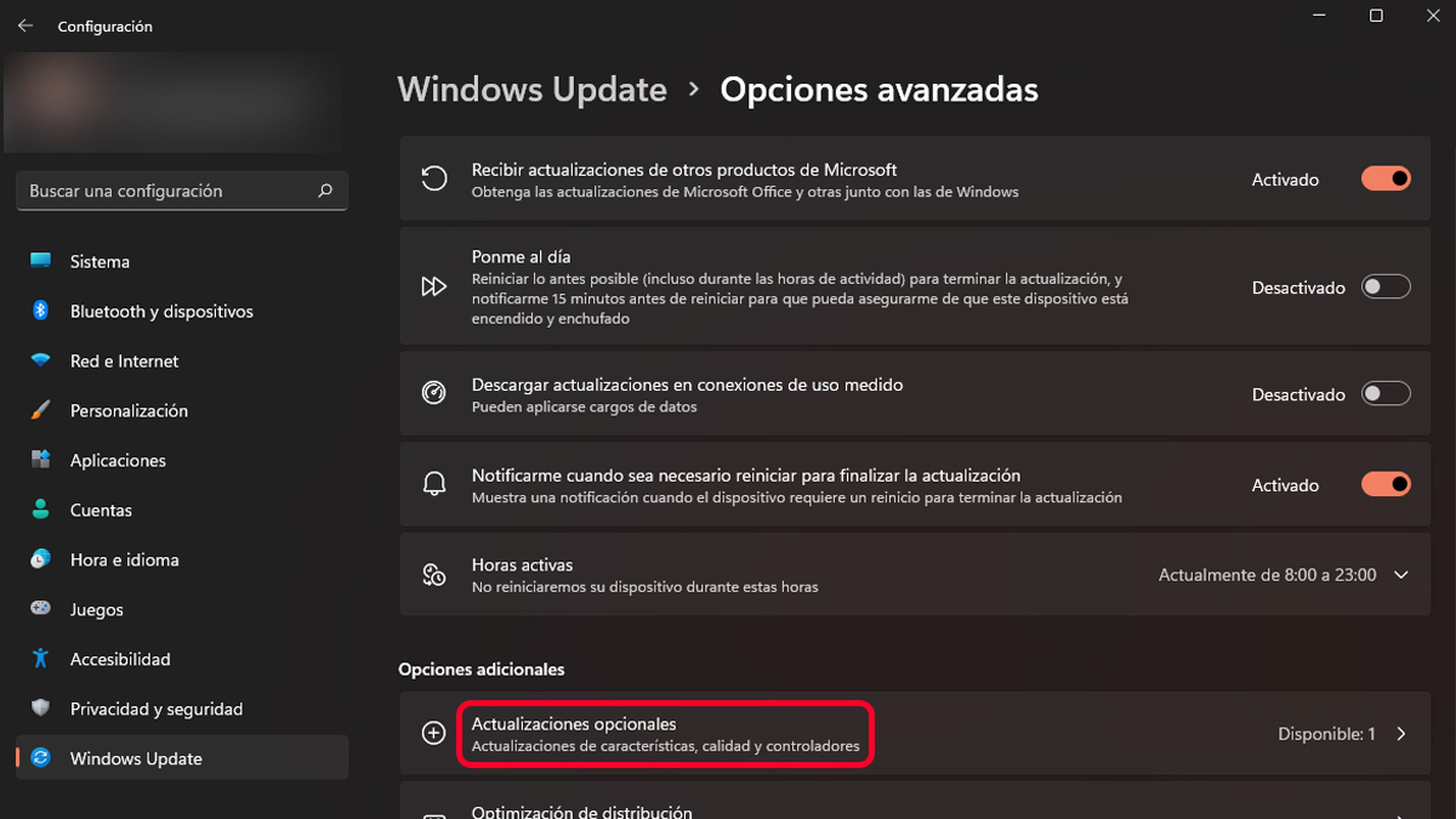 Actualizaciones opcionales Windows 11