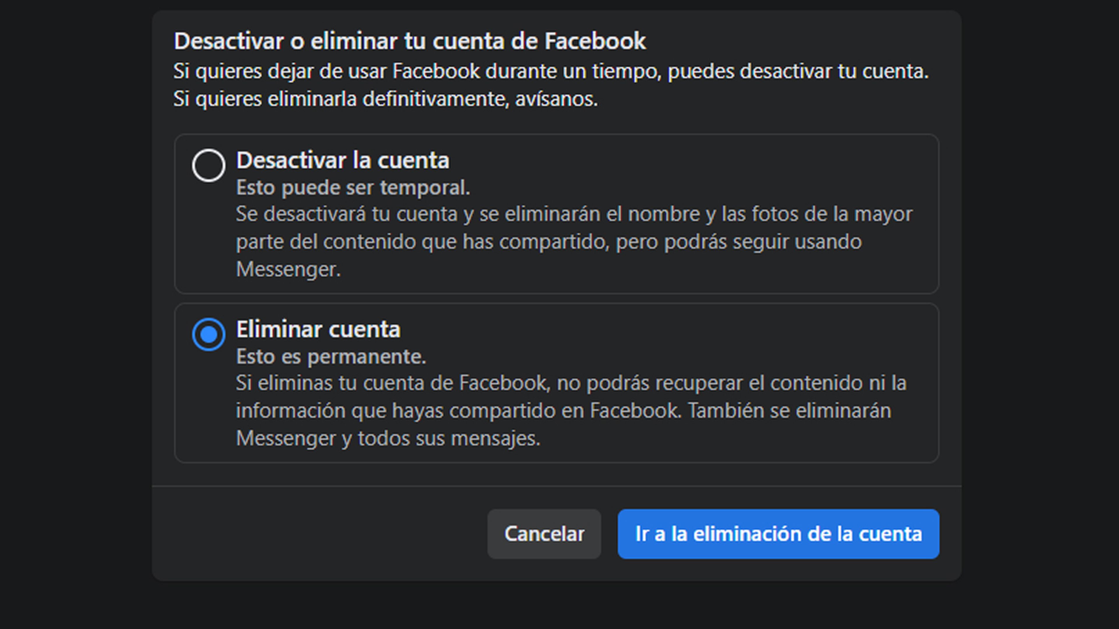 Eliminar cuenta Facebook