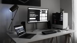 Escritorio con PC de sobremesa, portátil y monitor