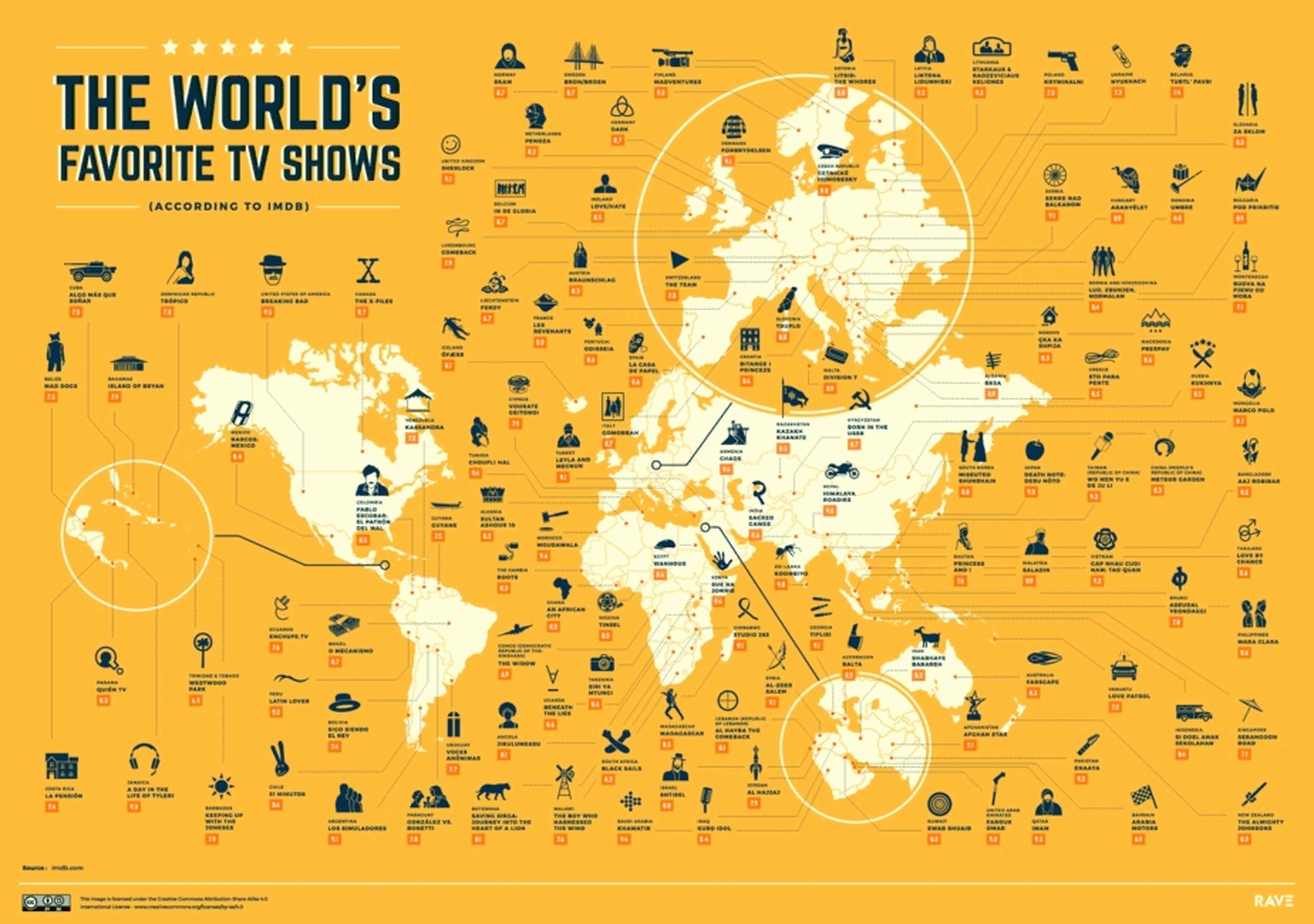 Este espectacular mapa muestra la mejor serie de televisión de cada país del mundo