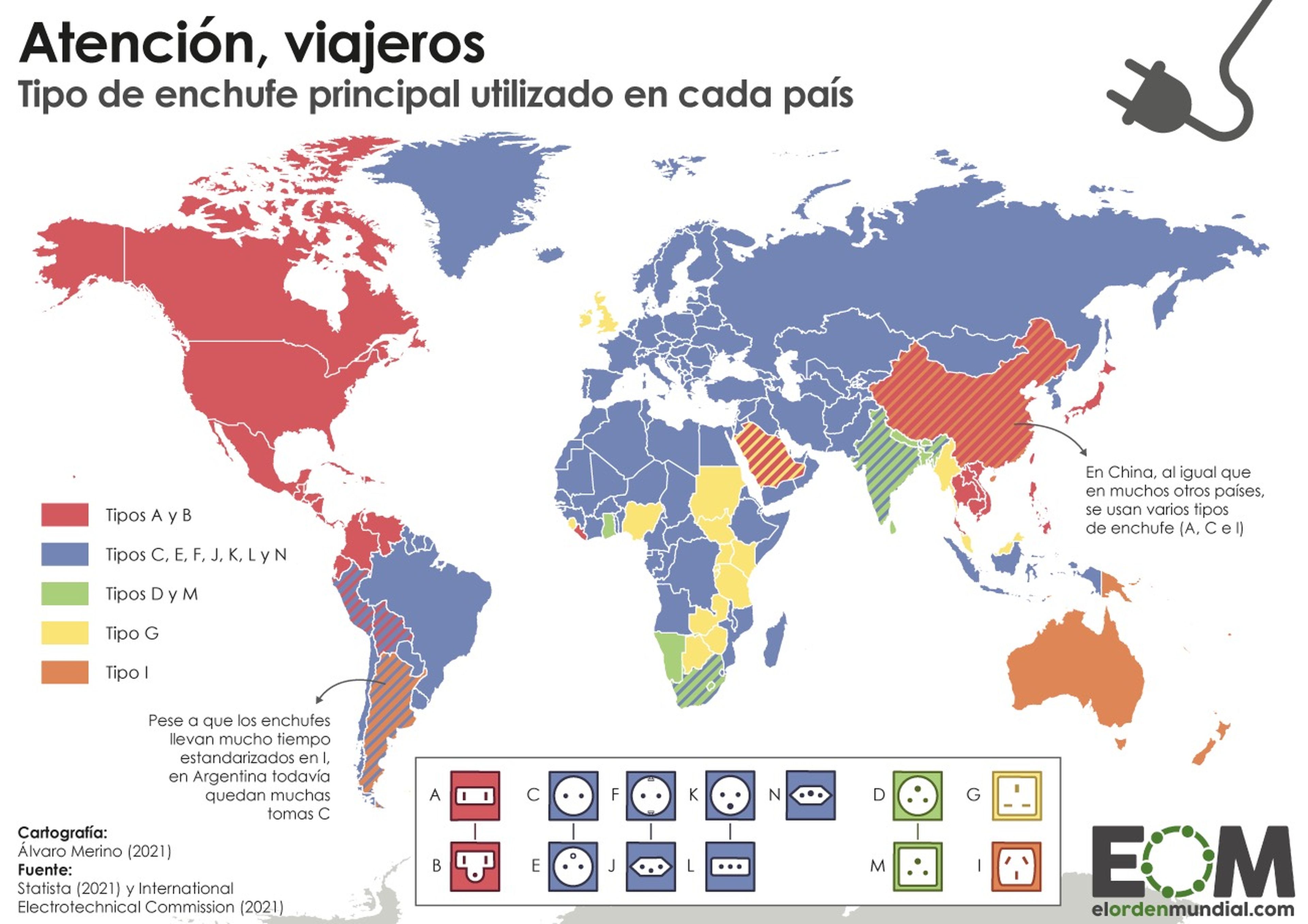 Mapa mundial con tipos de enchufe