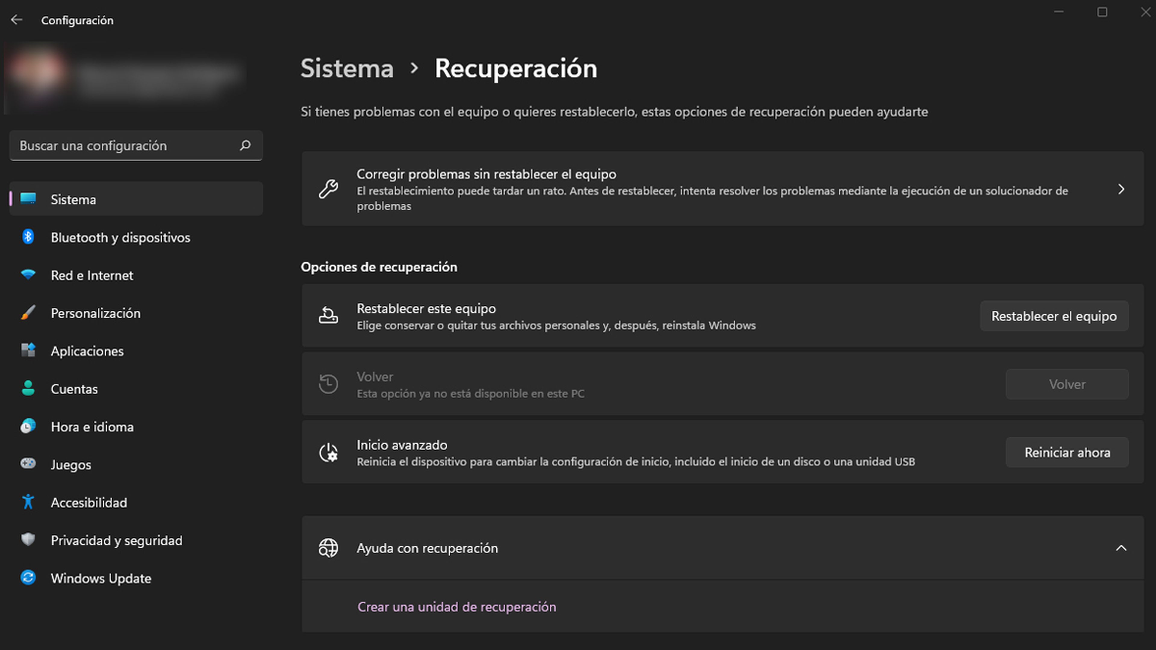 Recuperación en Windows 11