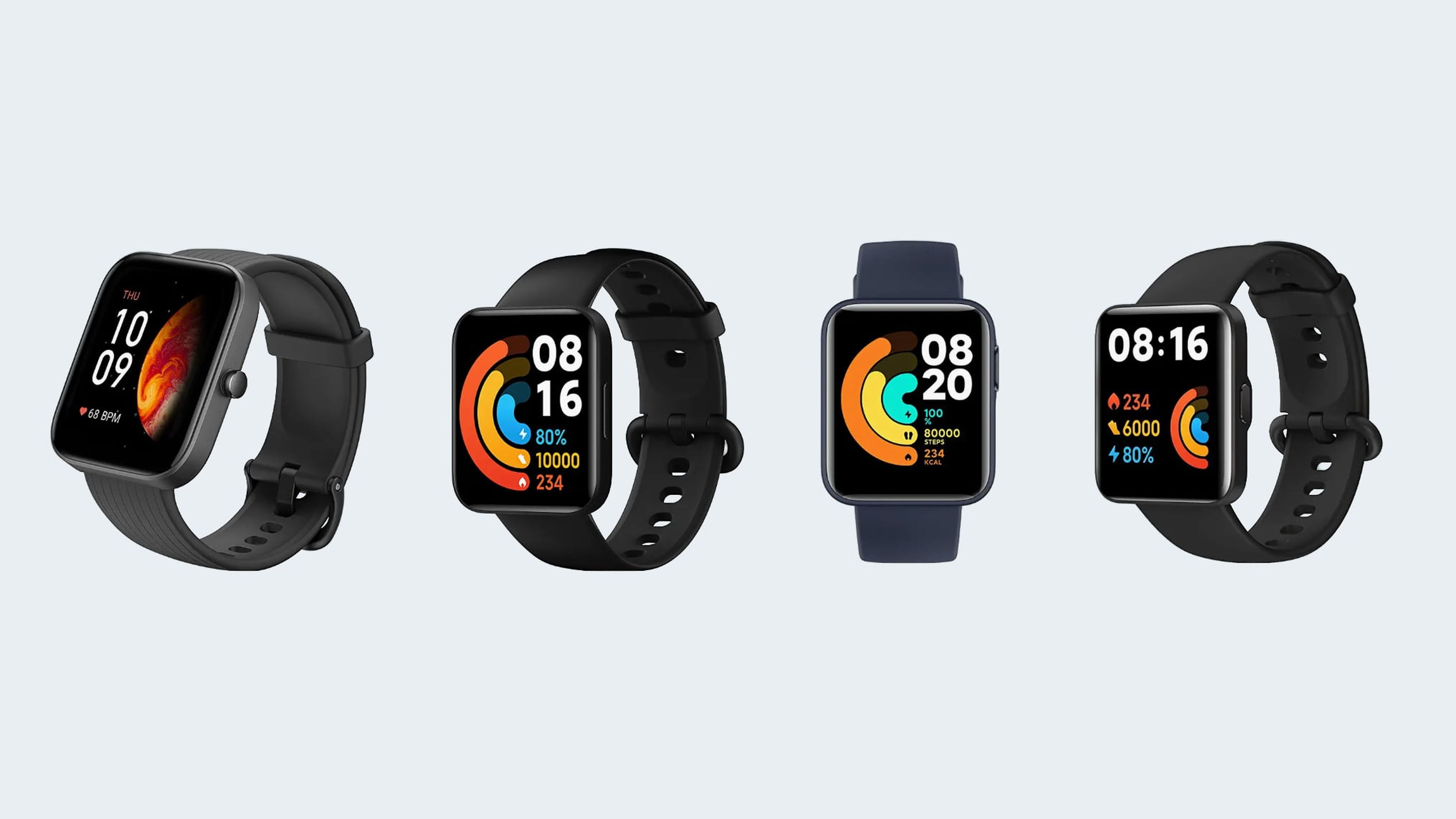 De izquierda a derecha: Amazfit Bip 3, Poco Watch, Xiaomi Mi Watch Lite y Xiaomi Redmi Watch 2 Lite.