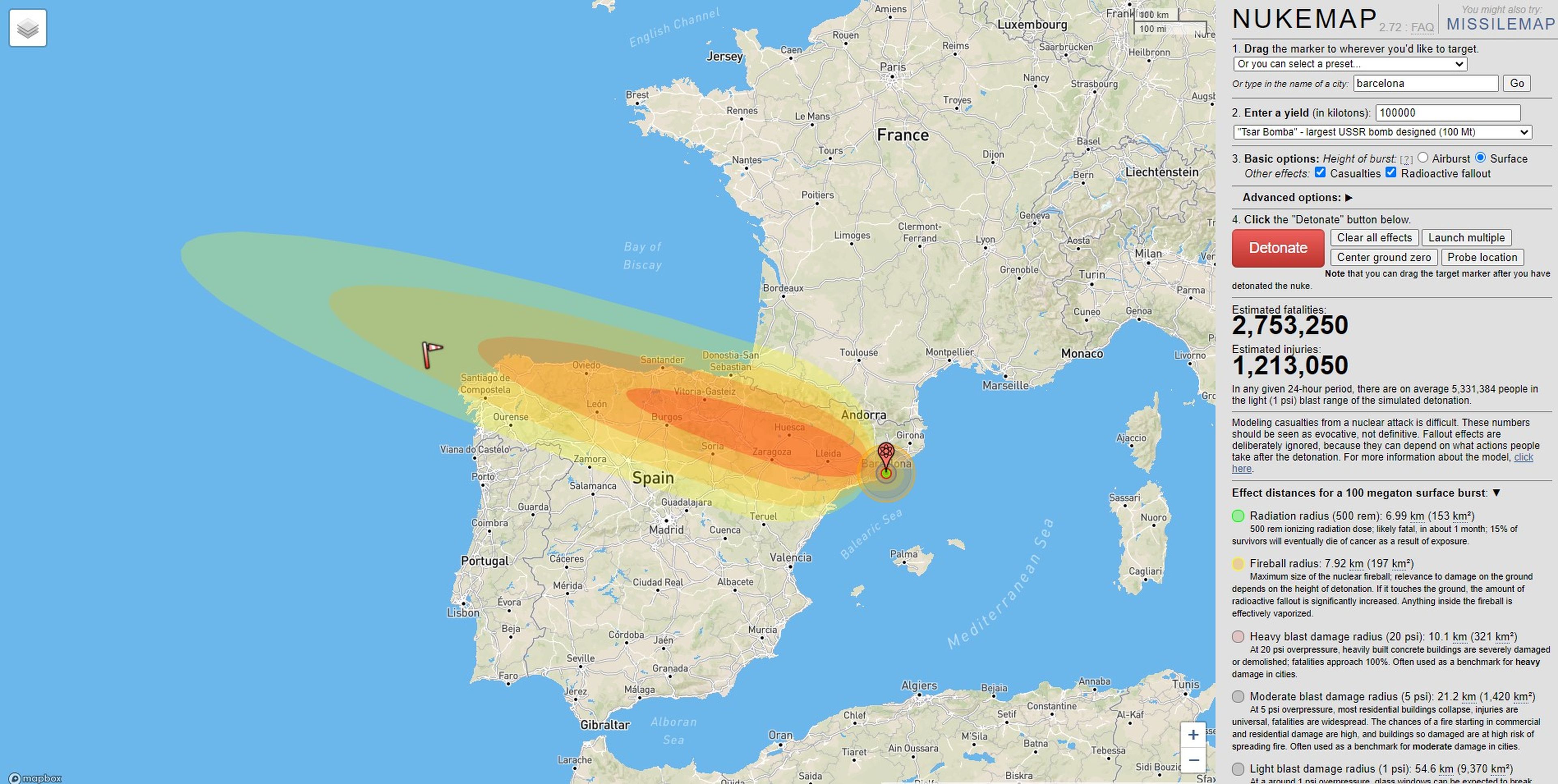 Madrid, Barcelona, Valencia… Este mapa muestra lo que una bomba nuclear le haría a tu ciudad