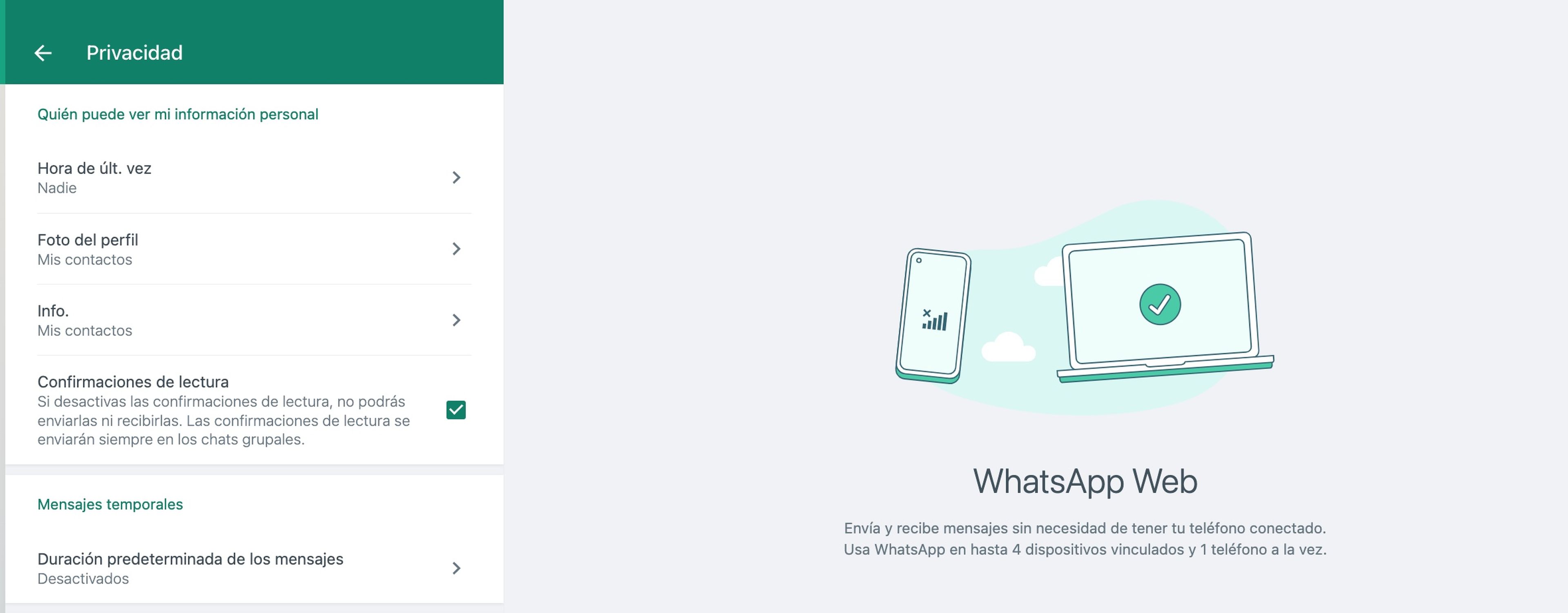 Opciones de privacidad de WhatsApp Web