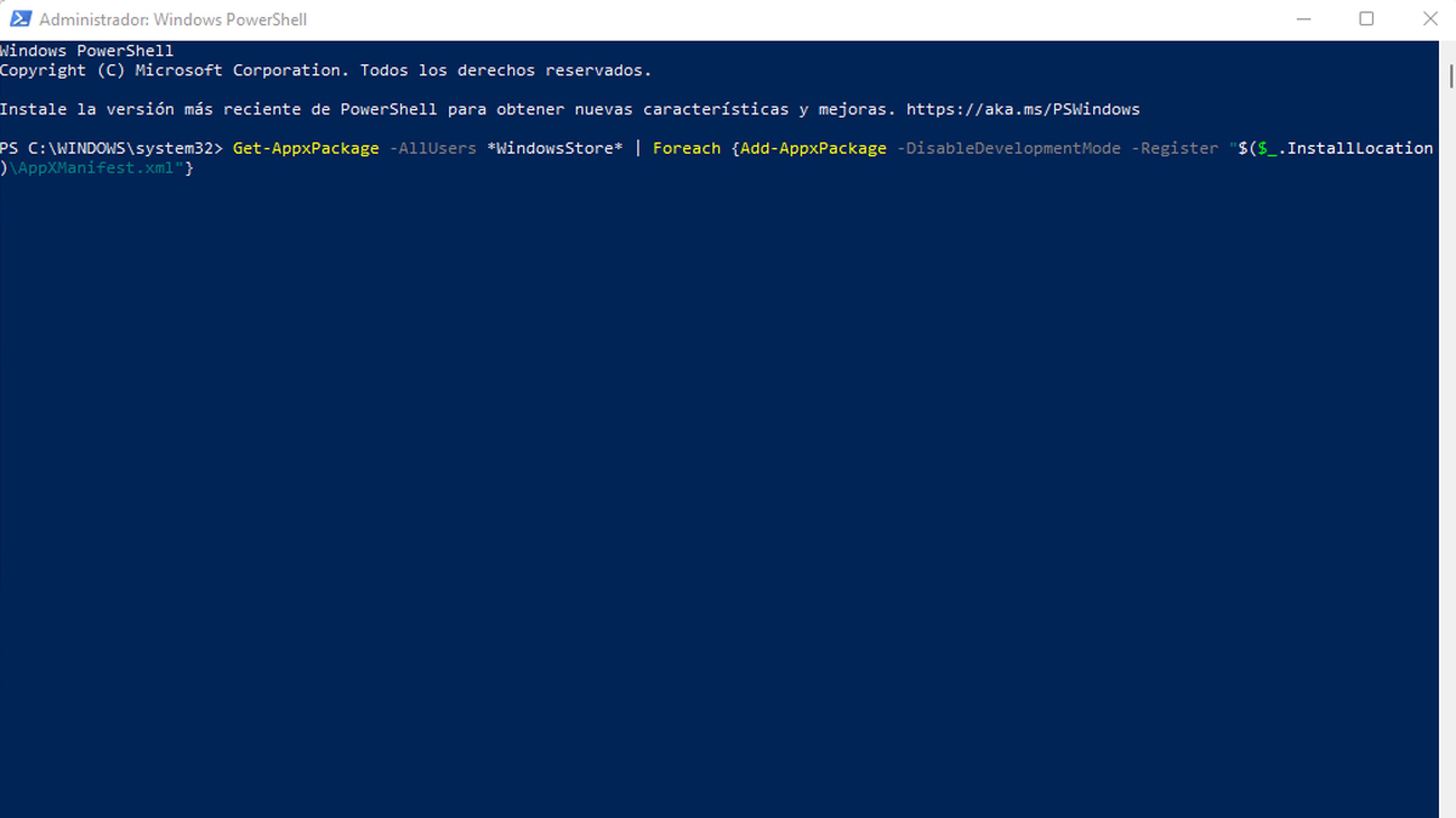 PowerShell para arreglar la Microsoft Store