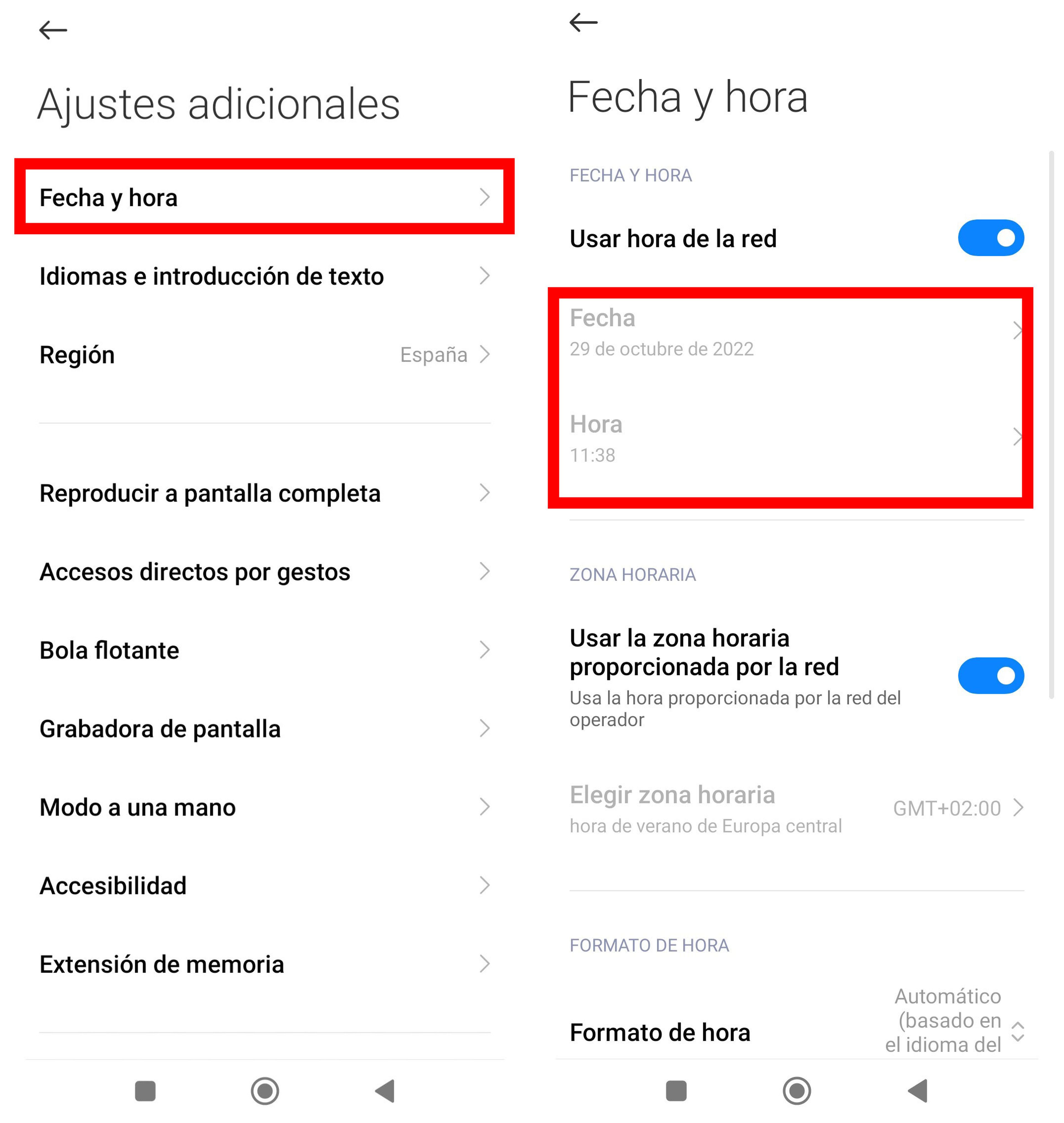 Cambio hora Android
