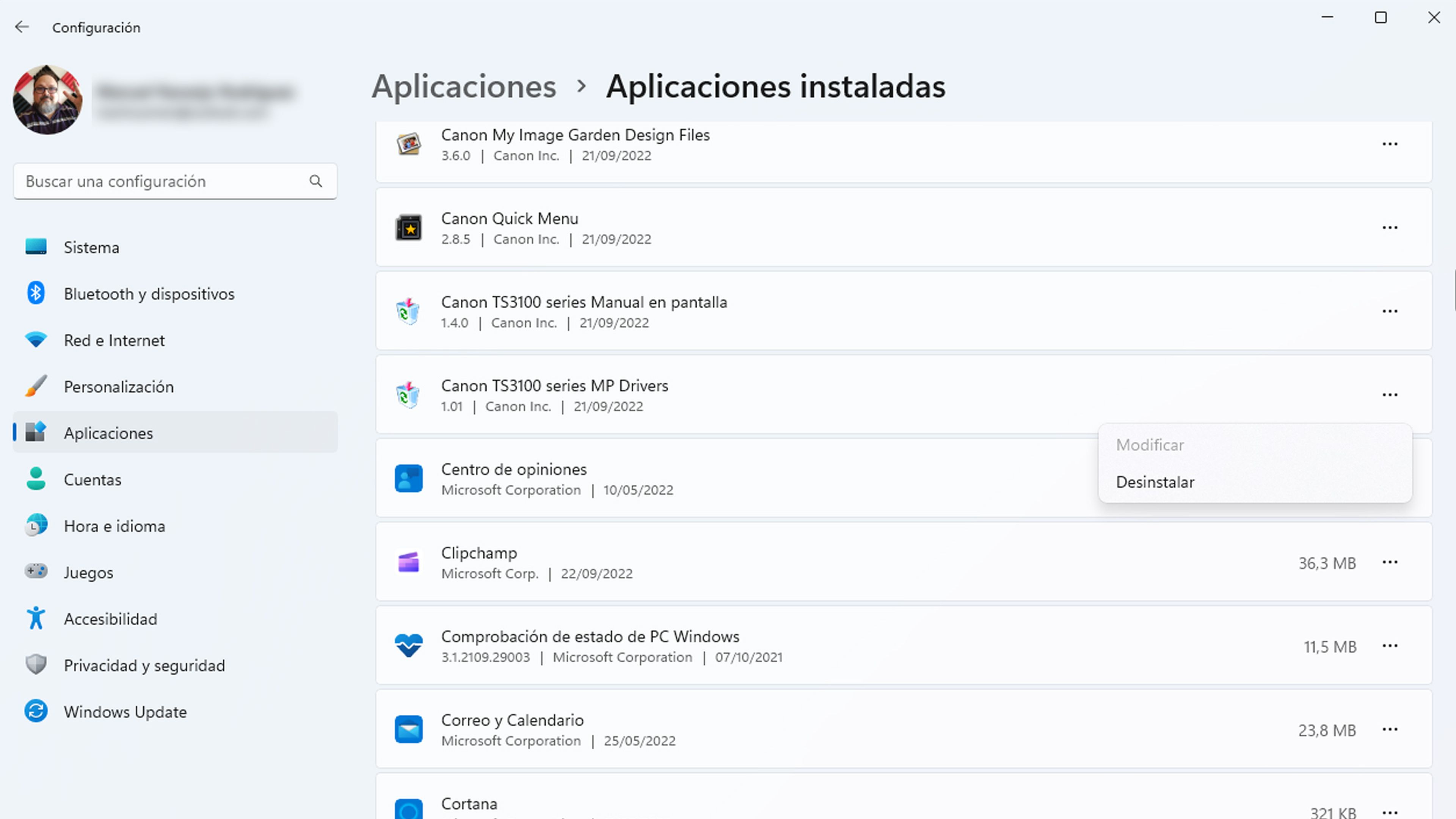 Desinstalar drivers con Configuración de Windows 11