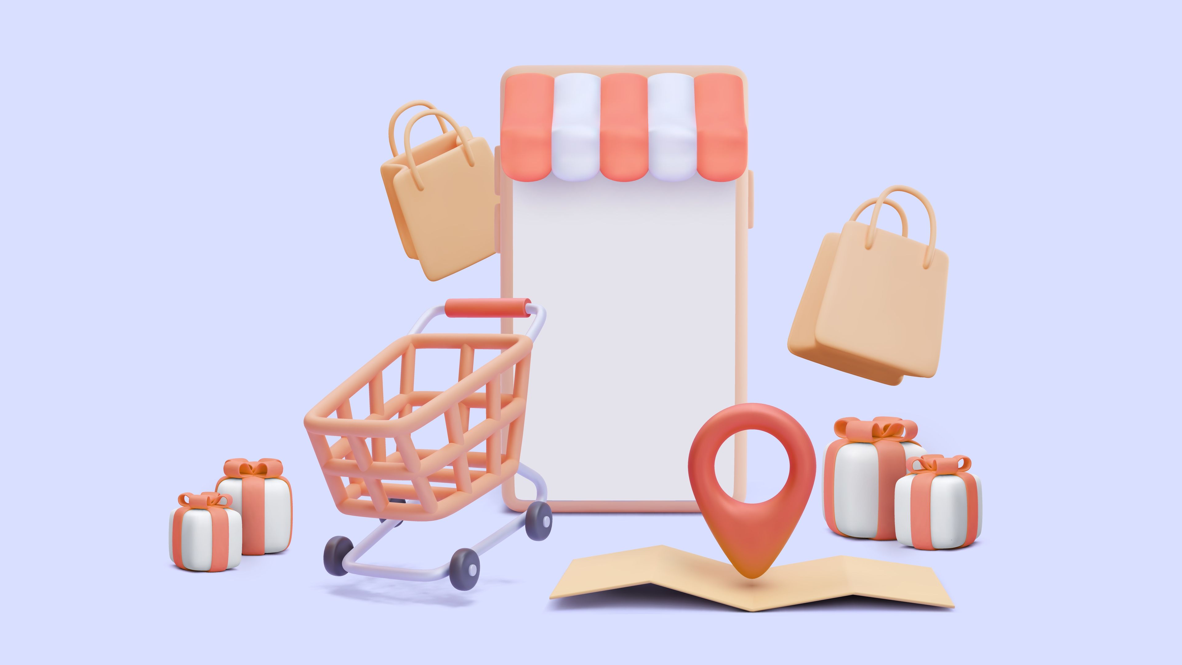 Ilustración de elementos de una tienda, carrito de compra, bolsa de compra o regalos