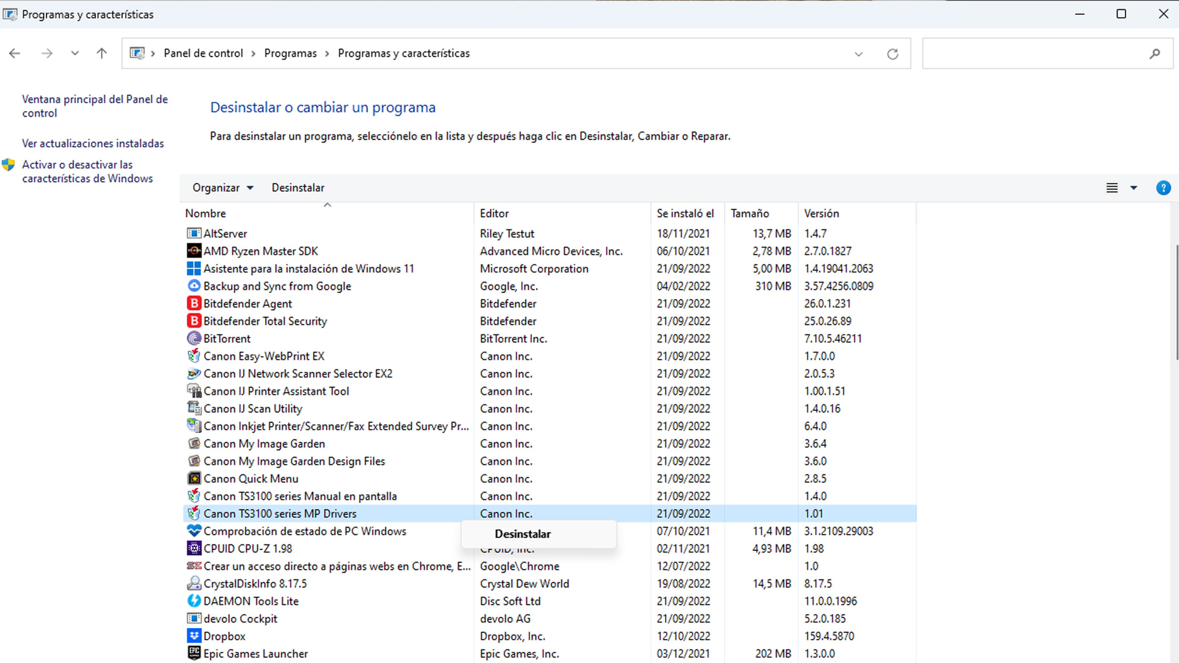 Panel de Control para desinstalar Drivers